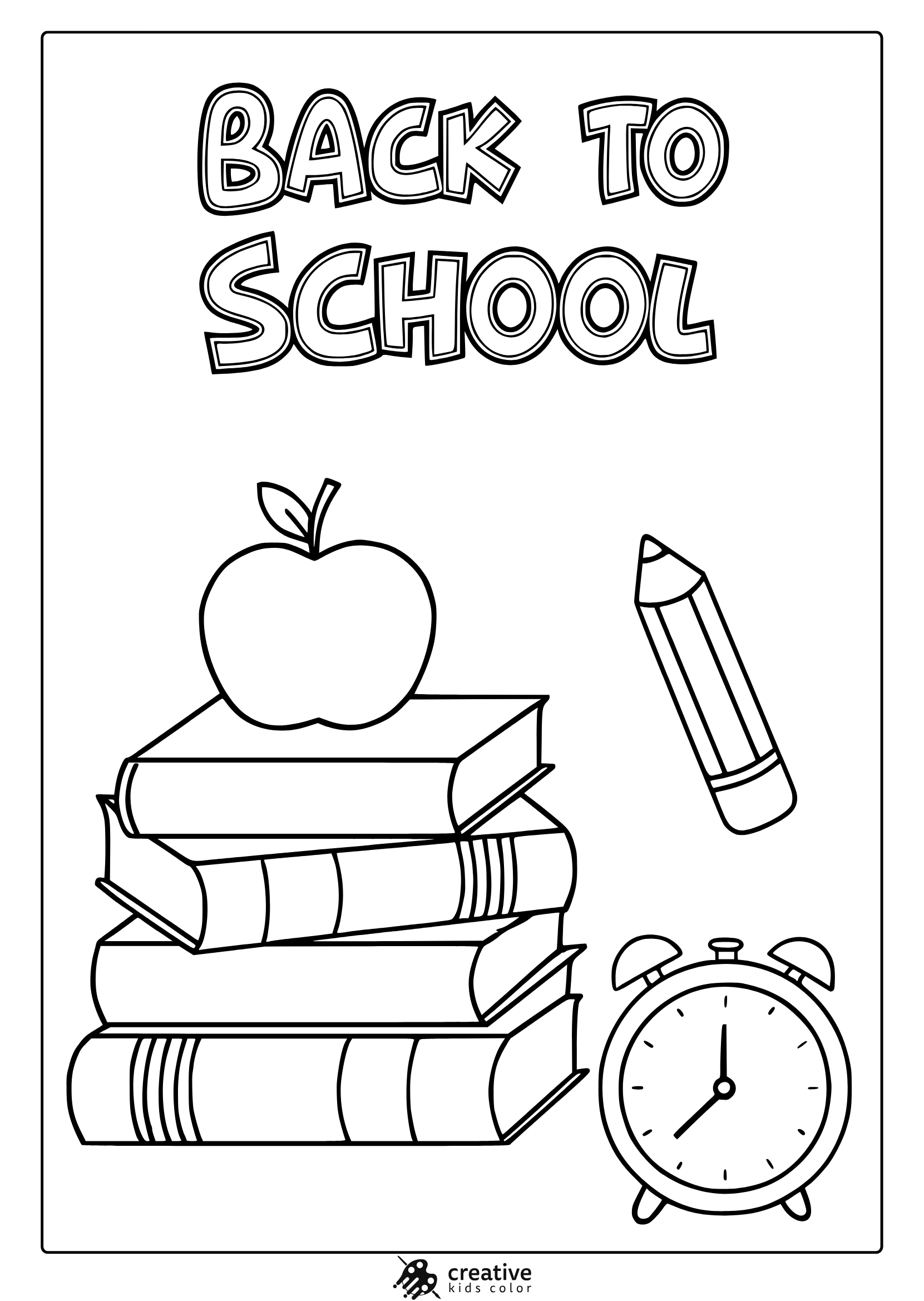 Coloring Page With “Back To School” Text And School Items Like Books, Apple, And Alarm Clock.