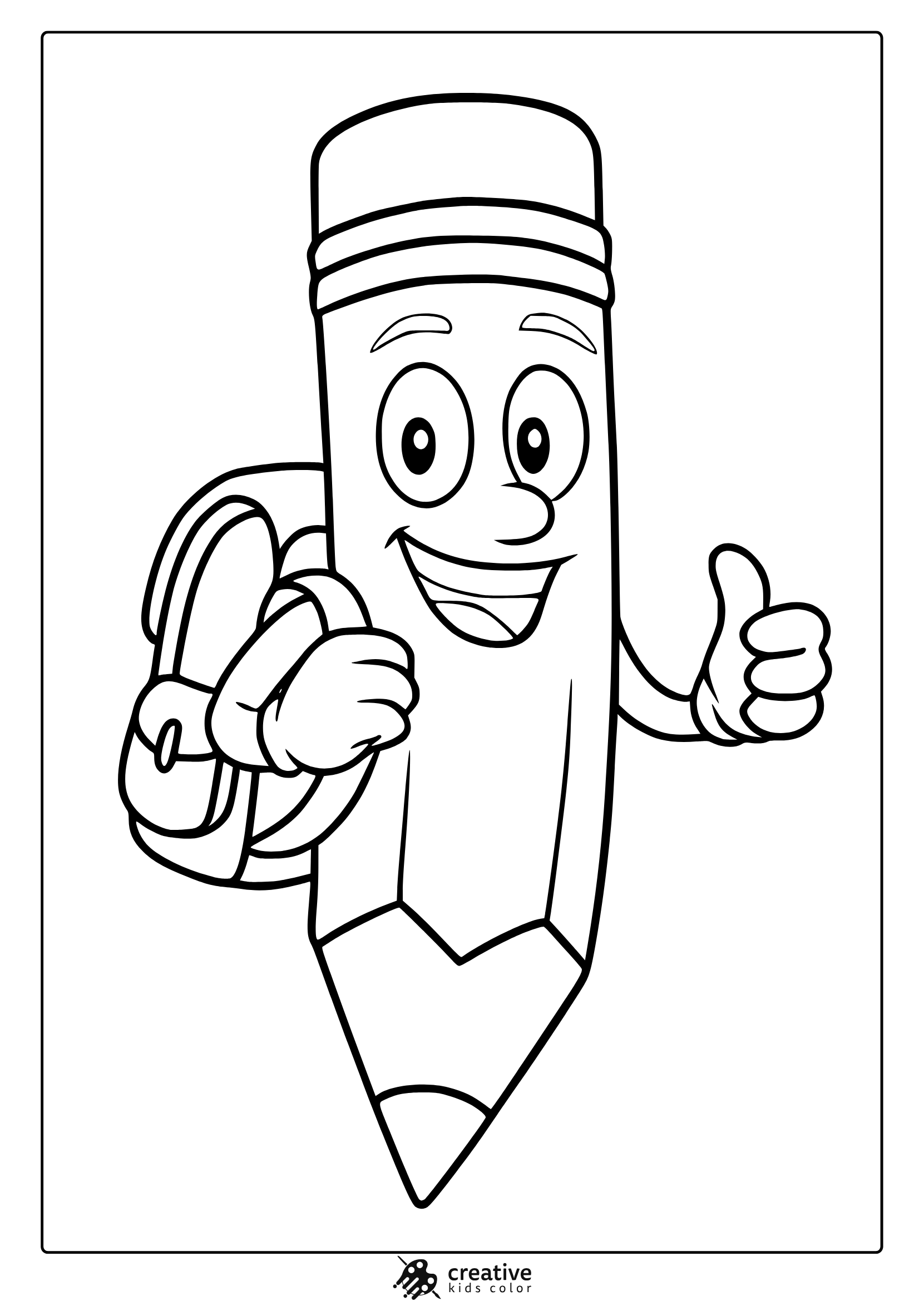 Coloring Page With Smiling Cartoon Pencil Holding A Backpack And Giving Thumbs Up.