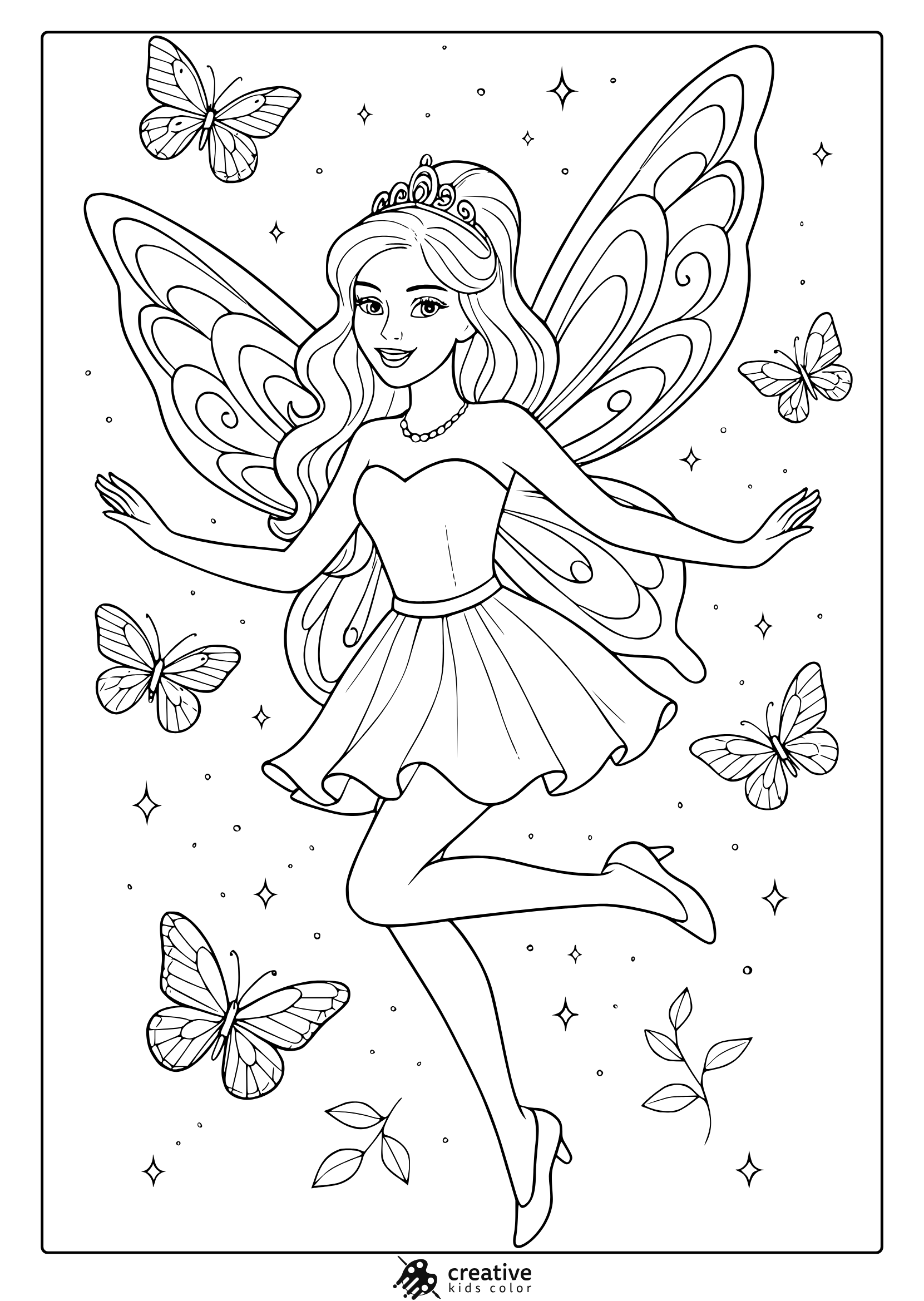 Barbie Fairy Coloring Page With Tiara, Butterflies, Stars, And Balletic Pose.