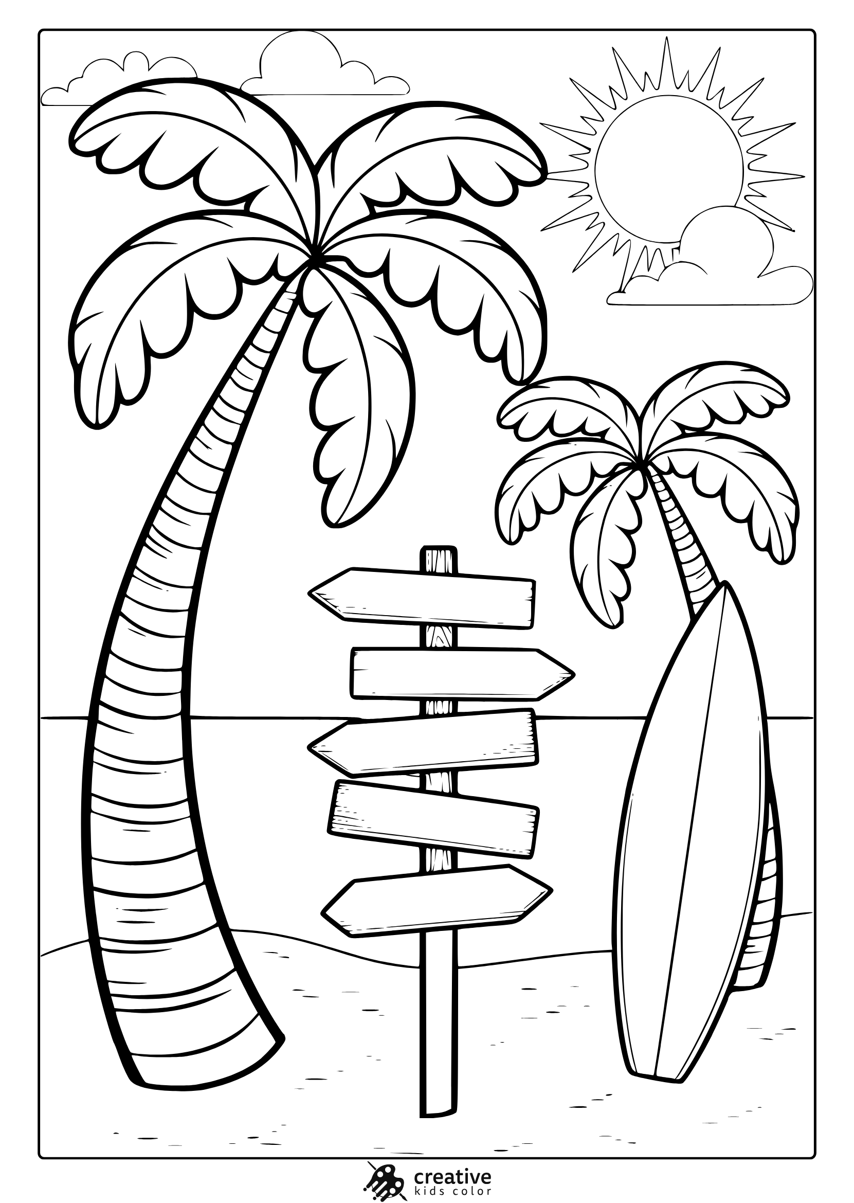 Tall palm trees and a wooden signpost by the shore set the scene in this beach summer coloring page.