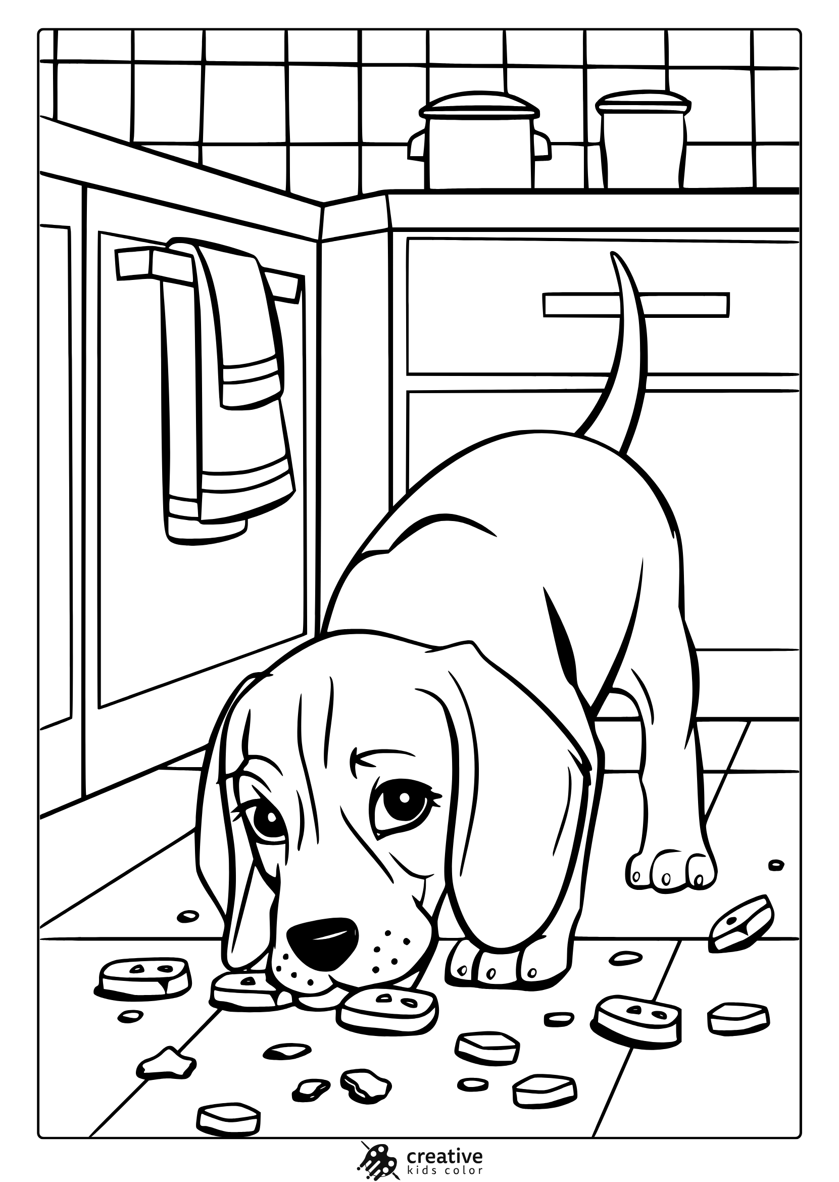 A Beagle Puppy In The Kitchen With Food On The Floor. A Delightful Beagle Puppy Coloring Page For Dog Lovers.