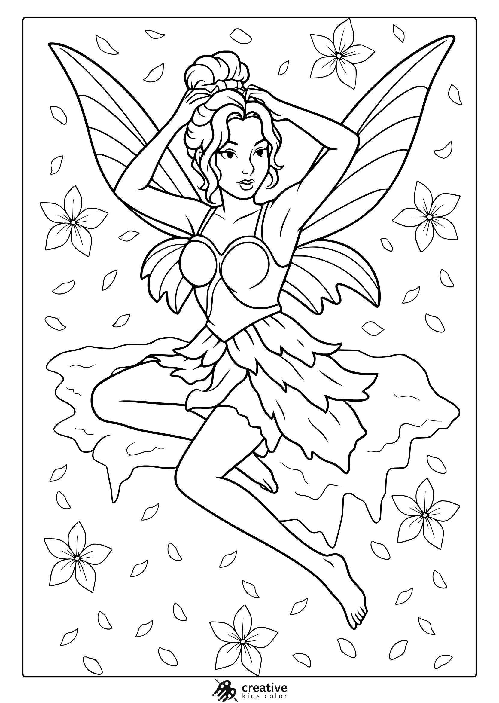 Beautiful Fairy Coloring Page With Cherry Blossoms And Detailed Wings In A Graceful Pose.