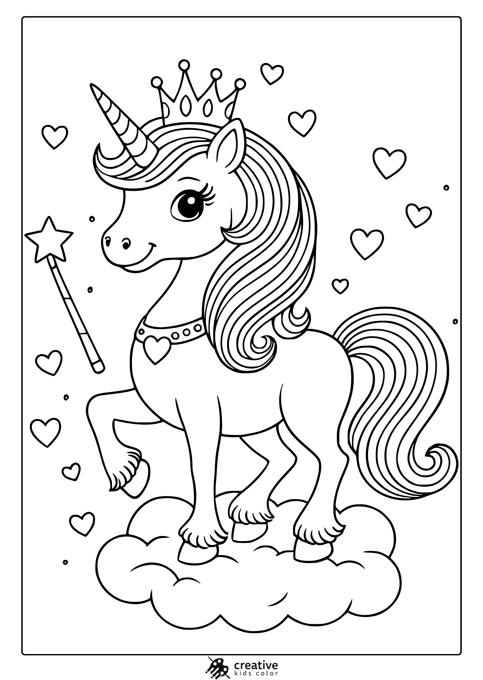 Whimsical Unicorn With Crown And Wand On A Cloud Surrounded By Hearts In This Cute Coloring Page.