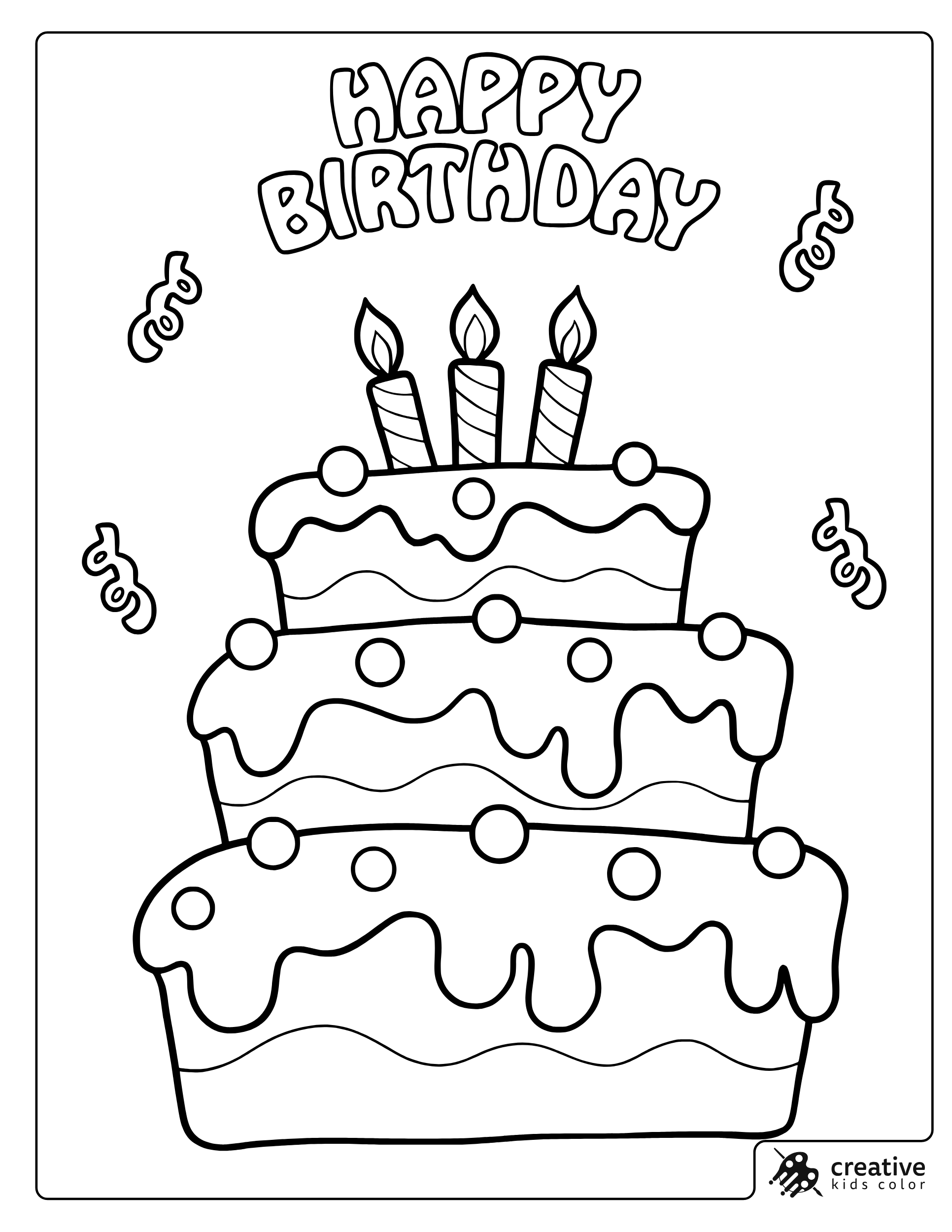 Birthday Cake Coloring Page With Three Candles And Dripping Icing