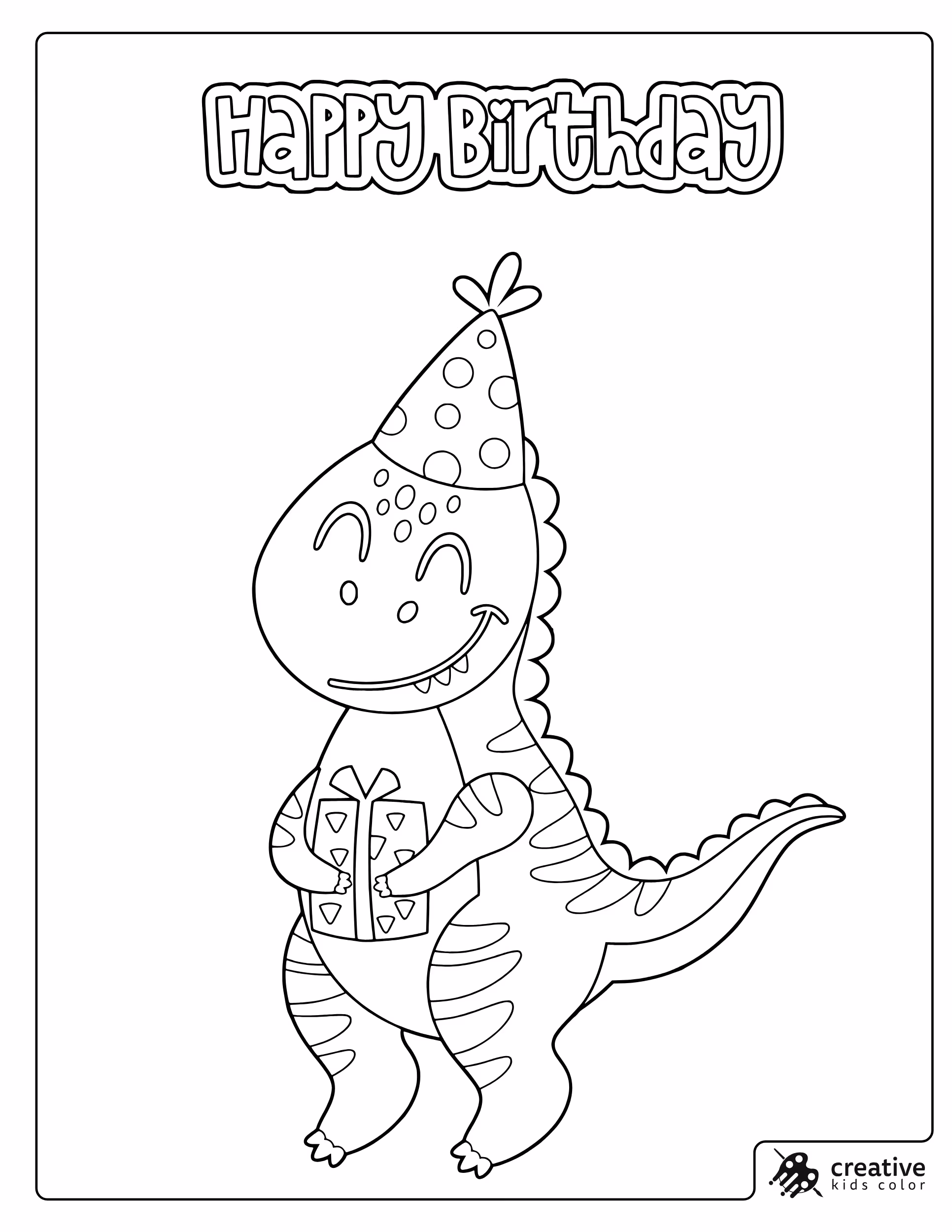 Birthday Dinosaur Coloring Page With A Party Hat And Wrapped Gift