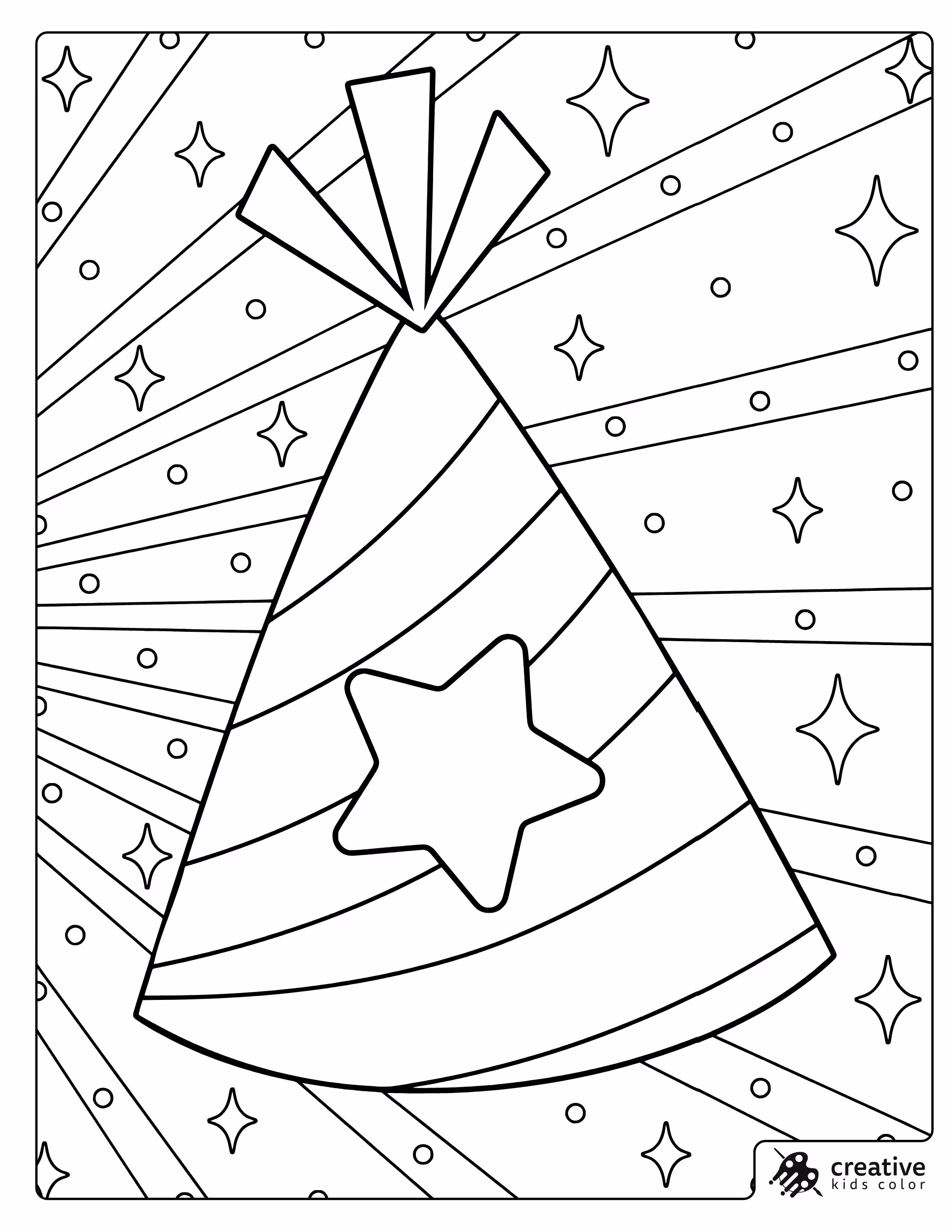 Birthday Party Hat Coloring Page With A Star And Sparkling Background