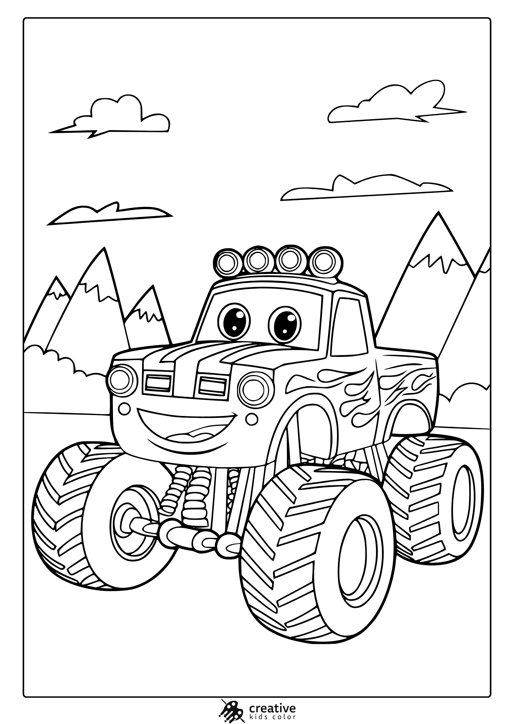 Smiling Blaze Monster Truck In The Mountains, Fun And Dynamic Coloring Page For Kids.