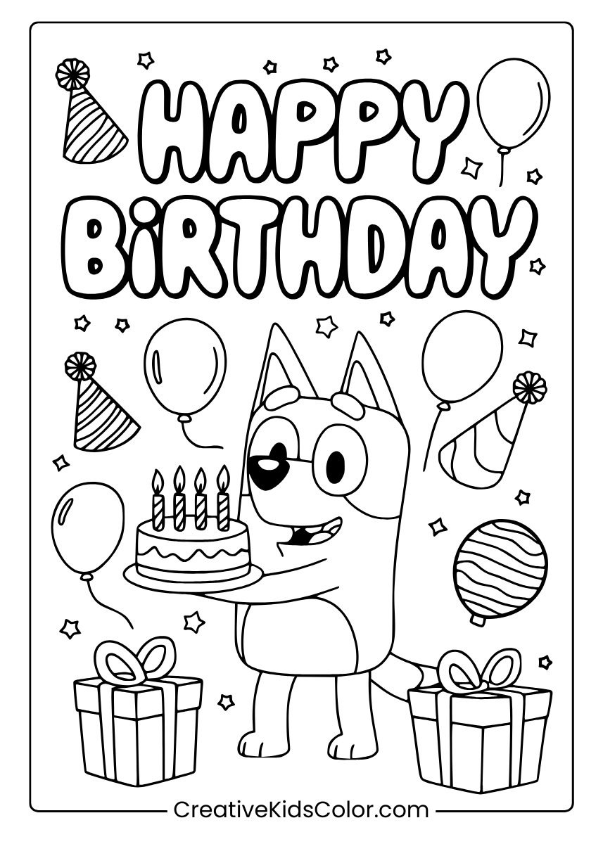 A Bluey Character Holding A Cake And Surrounded By Birthday Decorations, A Cheerful Coloring Page.