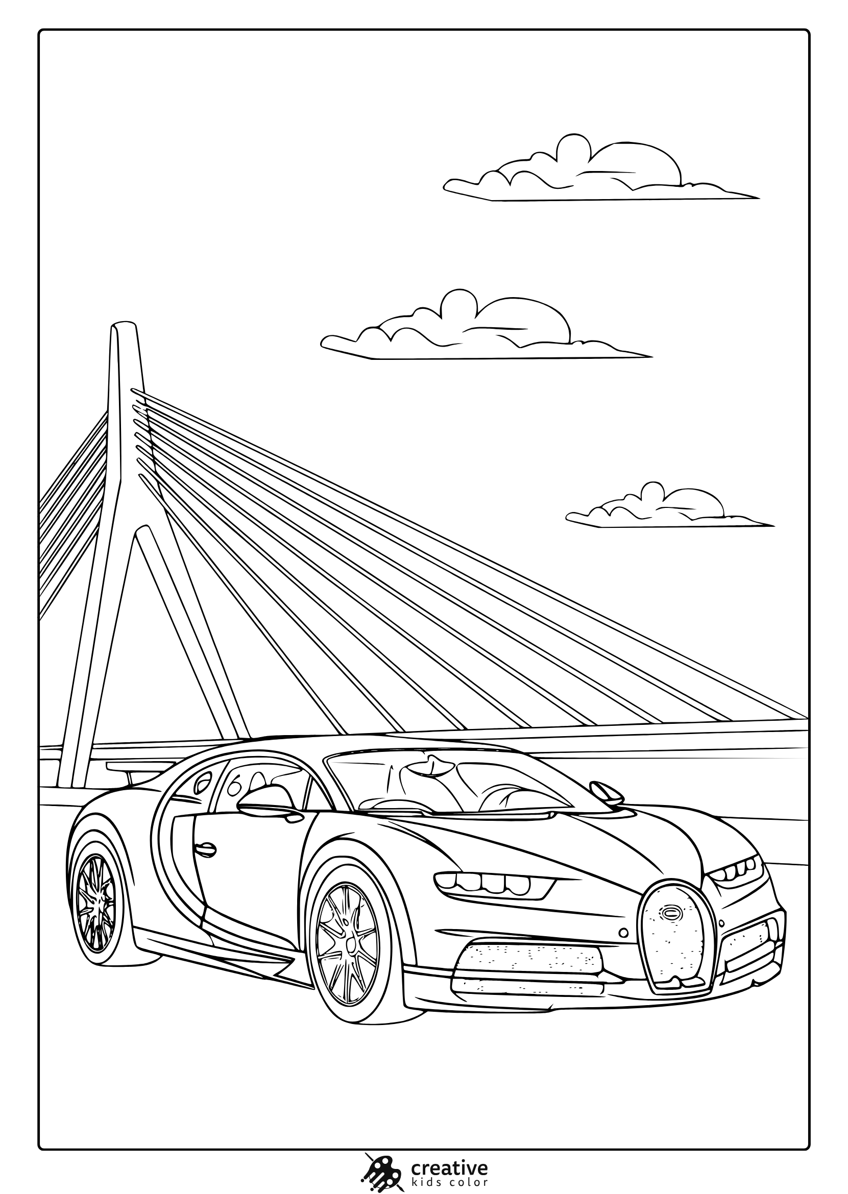 A Bugatti Sports Car Parked Beside A Suspension Bridge, A Perfect Bugatti Car Coloring Page.