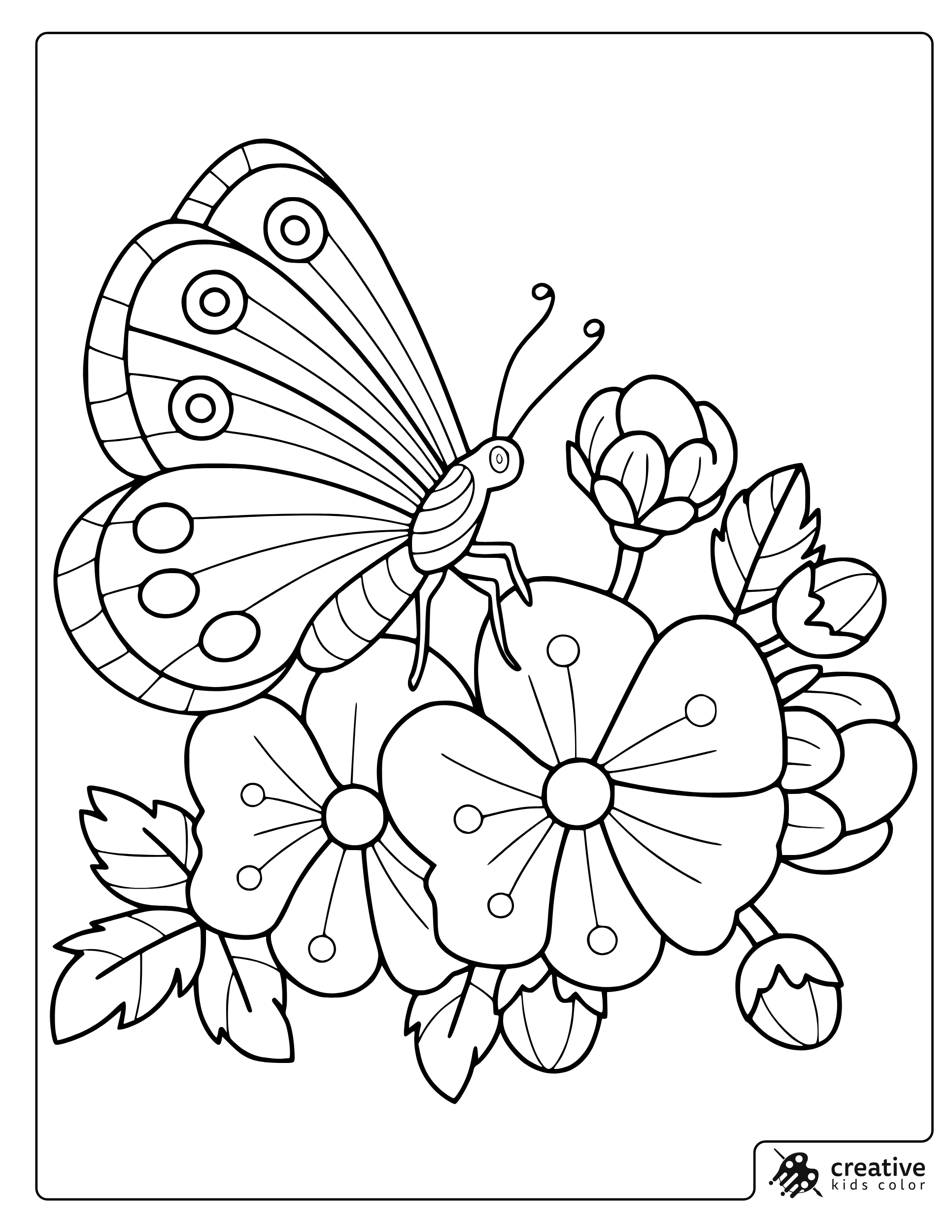Butterfly And Flower Coloring Page With A Butterfly Above Blooming Flowers