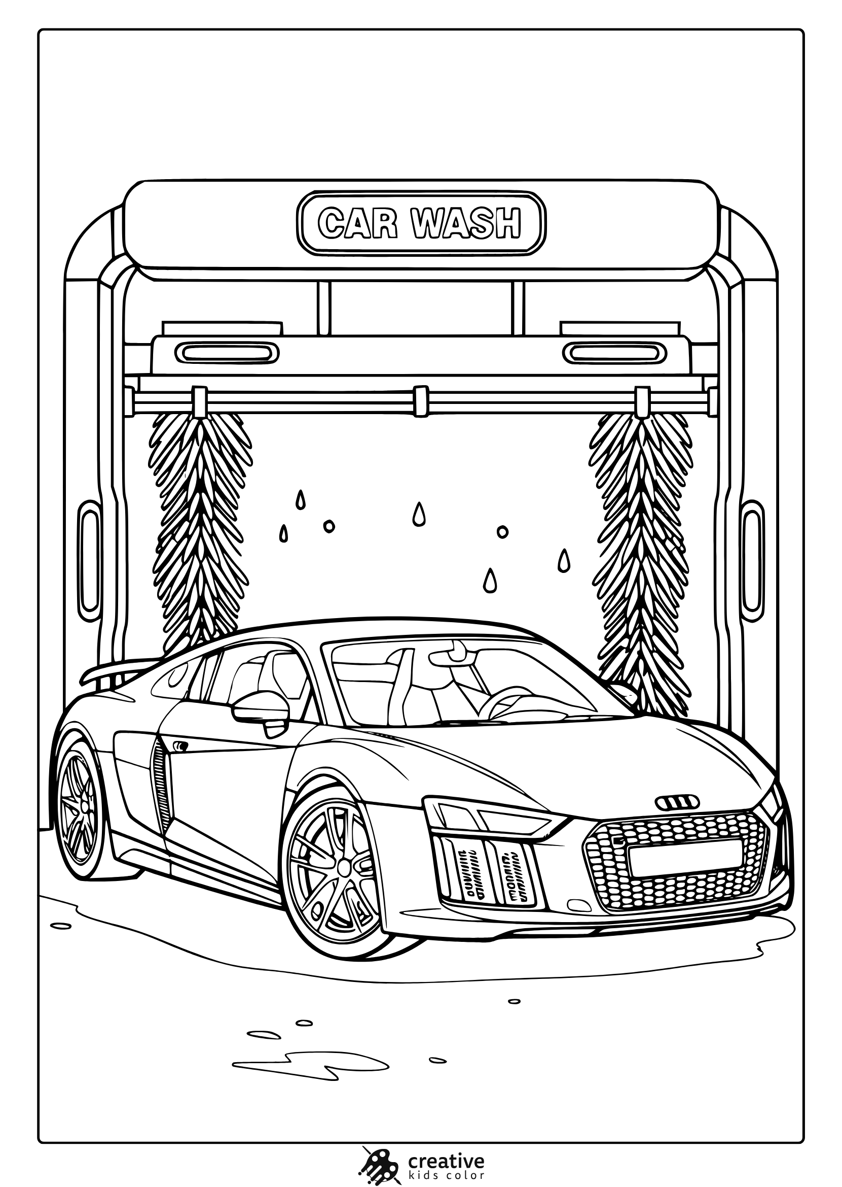A Sports Car Under A Car Wash With Water Droplets, An Exciting Car Wash Coloring Page.