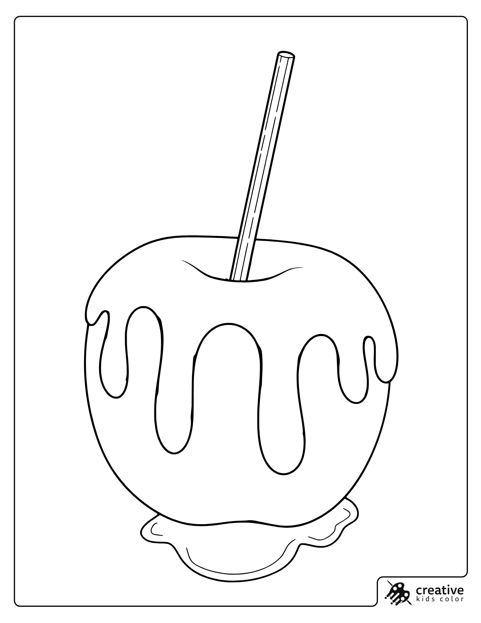 Caramel Apple Coloring Page With Stick And Dripping Coating.