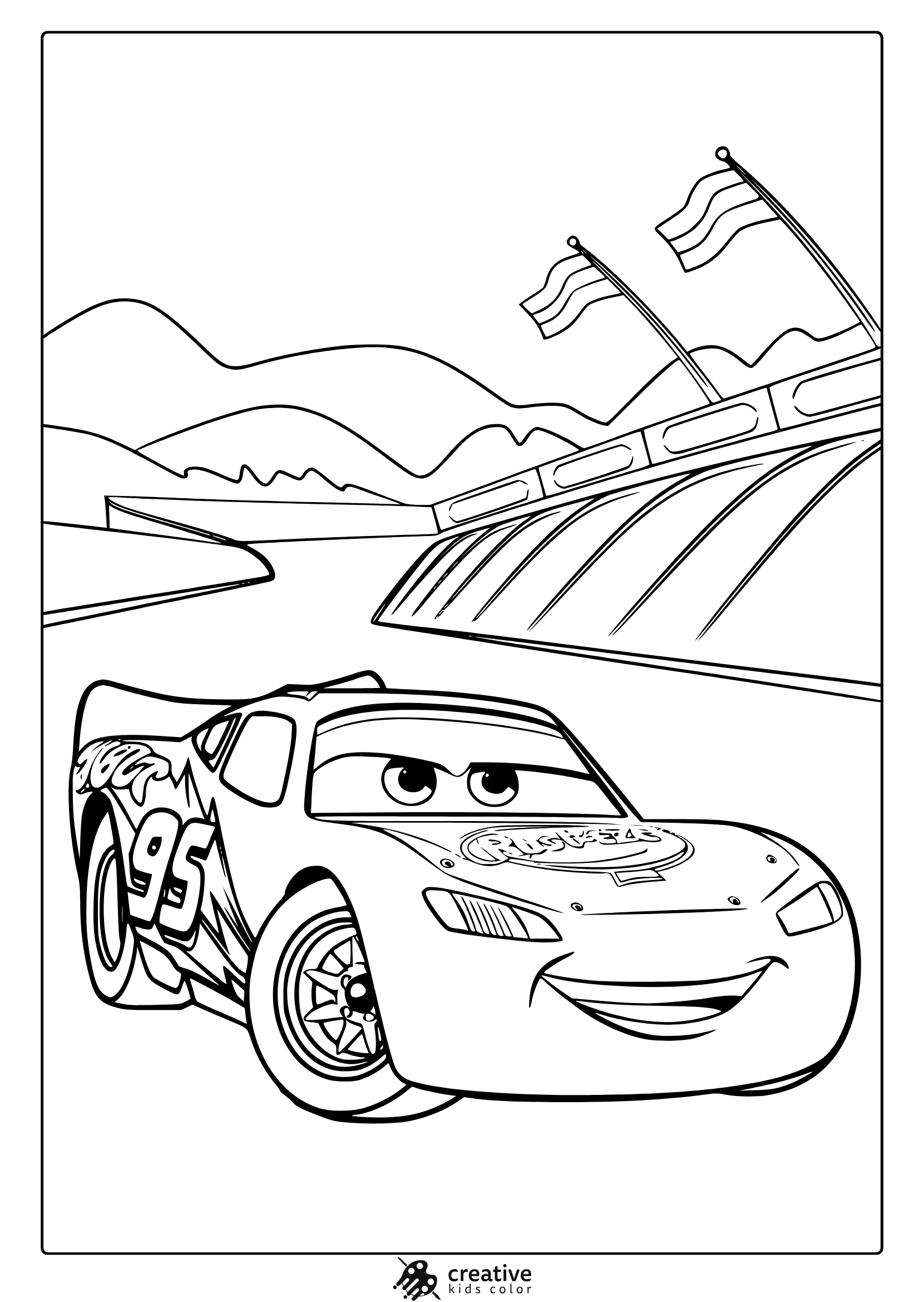 A Lightning Mcqueen Racing Car On A Racetrack With Mountains In The Background, Perfect For A Fun Car Coloring Page.
