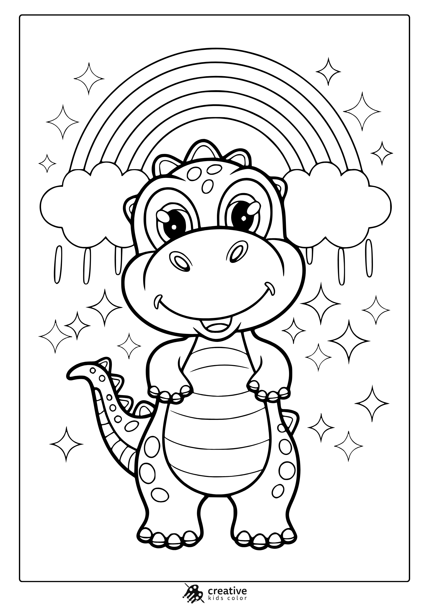 A Cartoon Baby Dinosaur Under A Rainbow Appears In This Cute And Magical Dinosaur Coloring Page To Color.