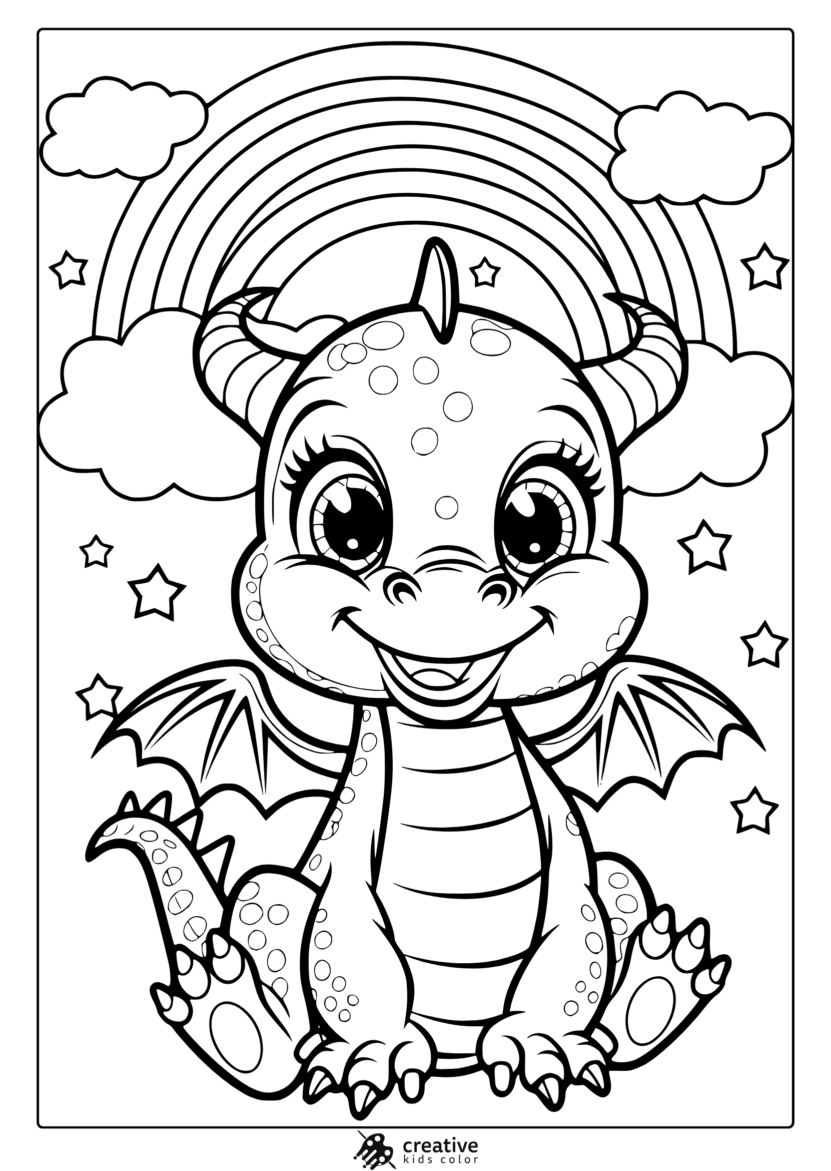 A Cartoon Dragon Coloring Page With A Cute Dragon, Fluffy Clouds, And A Magical Rainbow In The Sky.