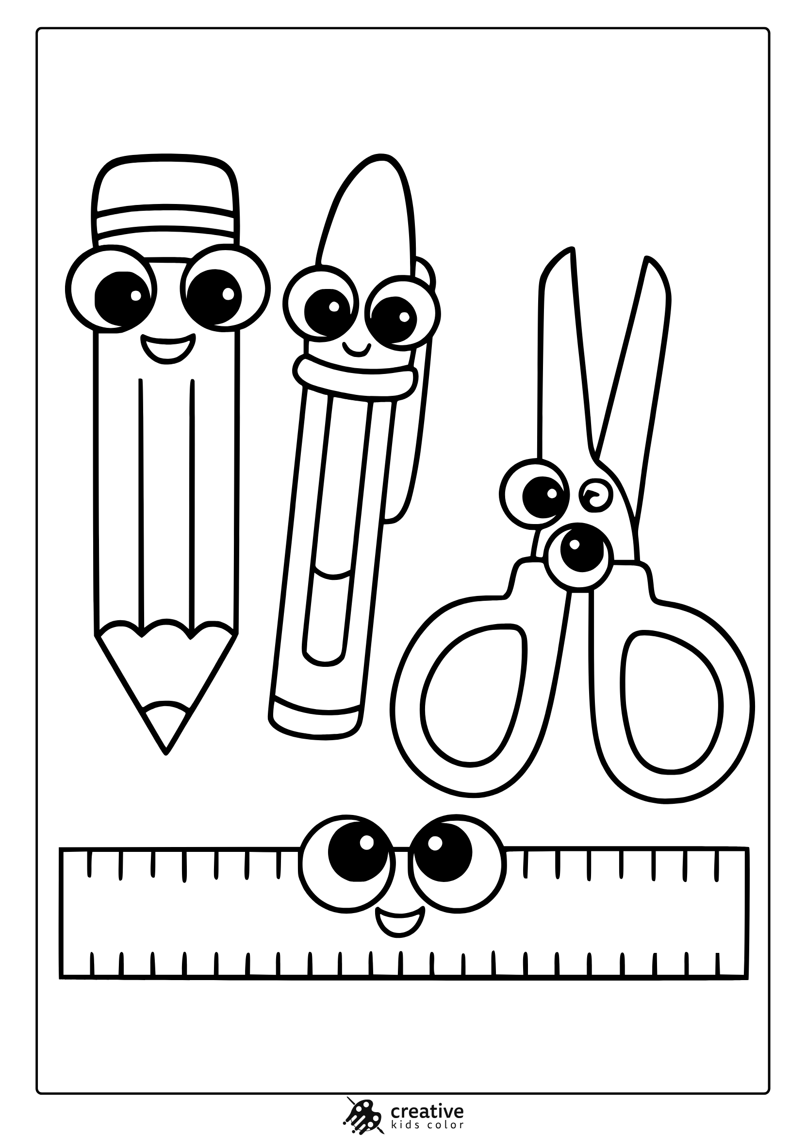 Coloring Page With Cartoon Pencil, Marker, Scissors, And Ruler With Cute Faces.