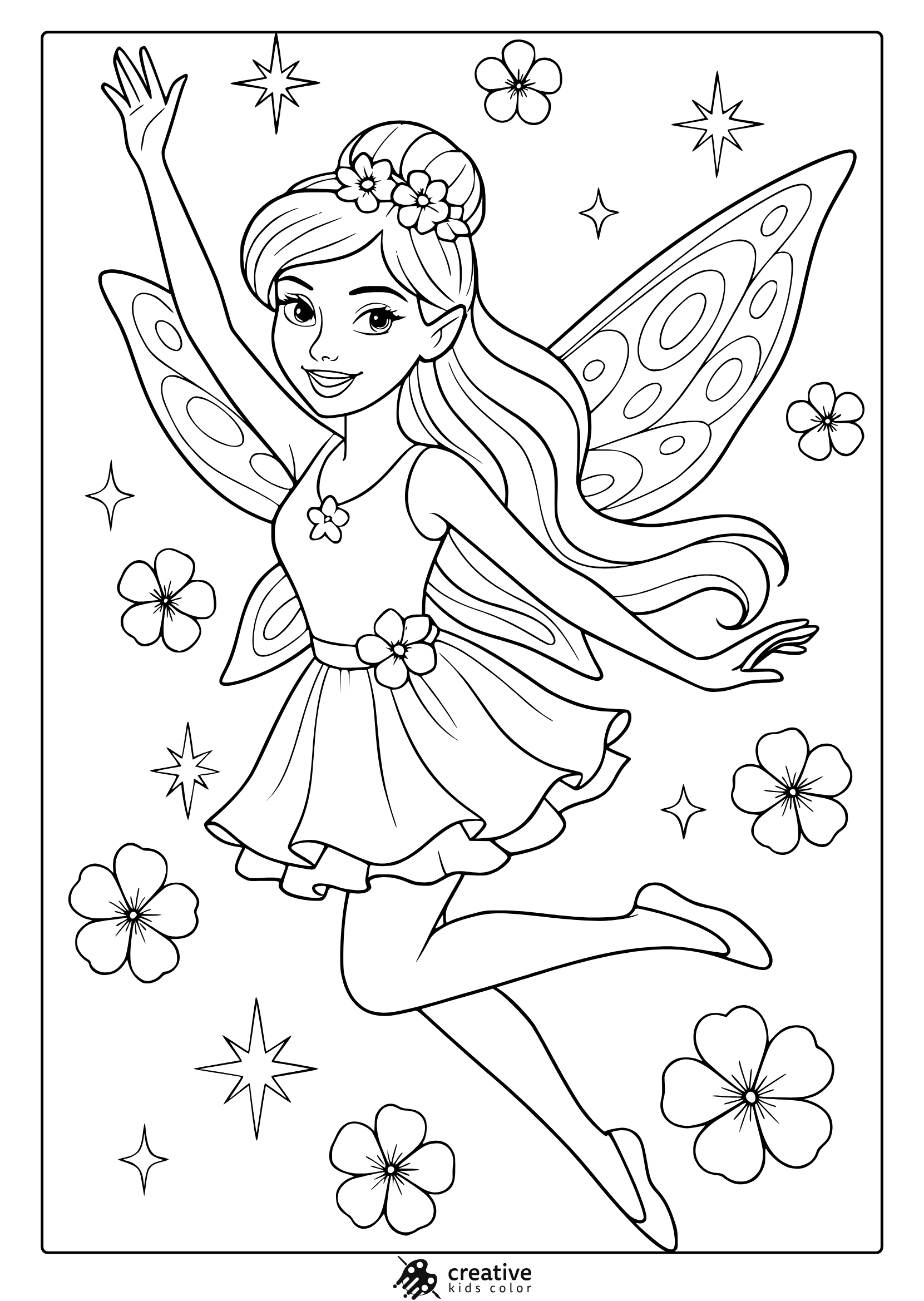 Cheerful Fairy Coloring Page With Circular Wings And Cherry Blossoms.