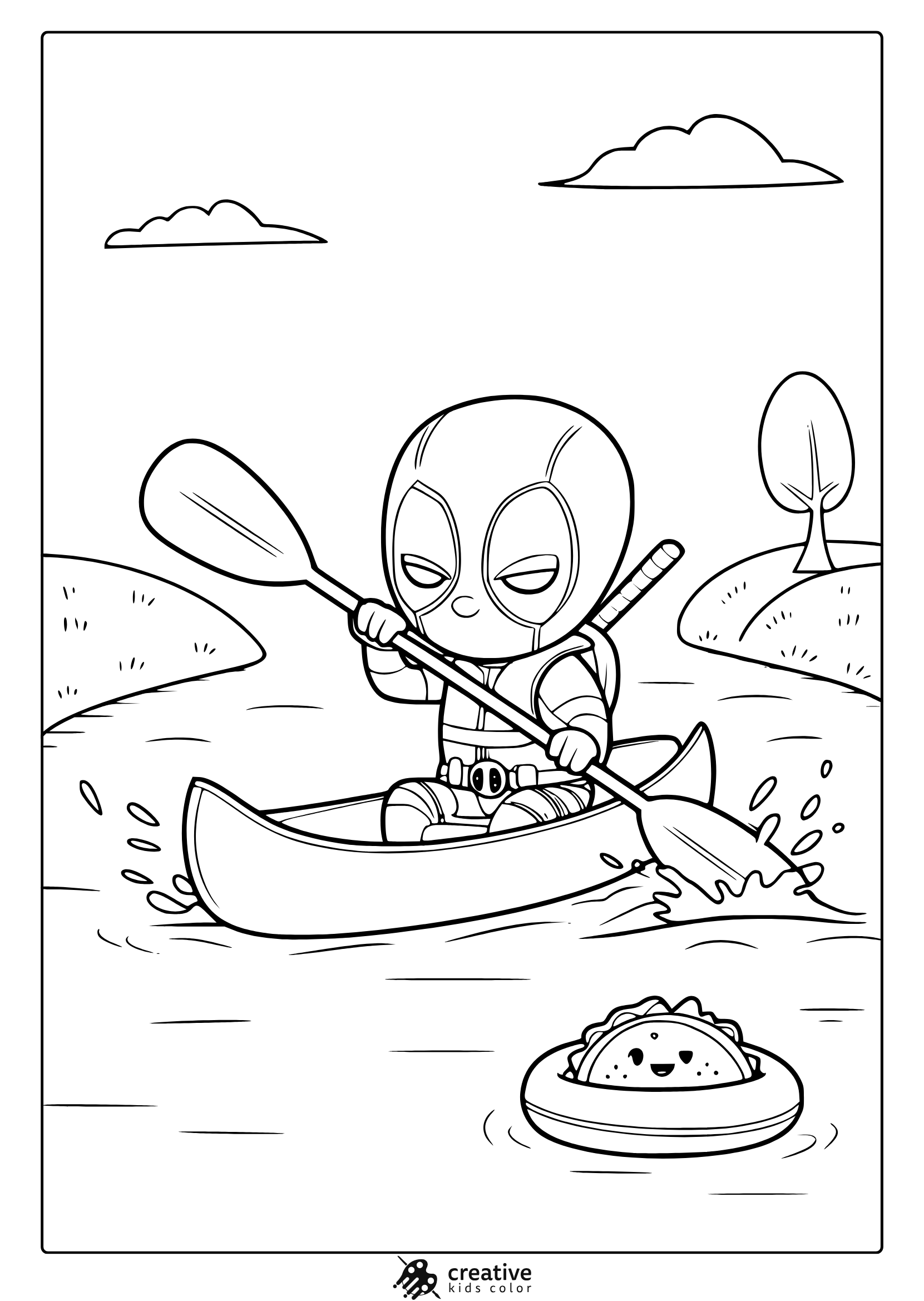 Chibi Deadpool Coloring Page With The Superhero In A Kayak And A Smiling Taco, Ideal For Cute And Fun Coloring Activities.
