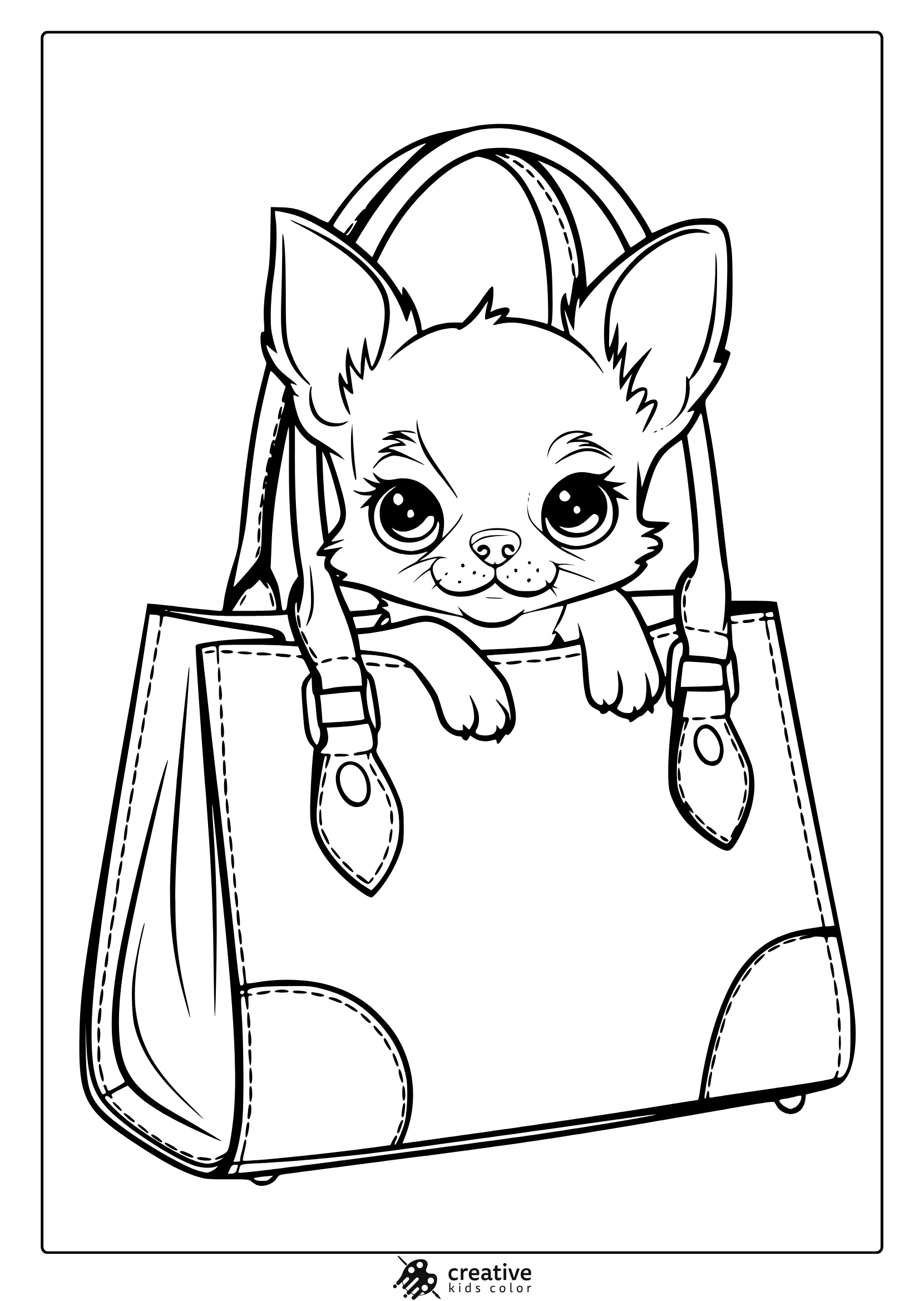 A Chihuahua Puppy Inside A Handbag. A Fashionable And Fun Chihuahua Puppy Coloring Page For Dog Lovers.