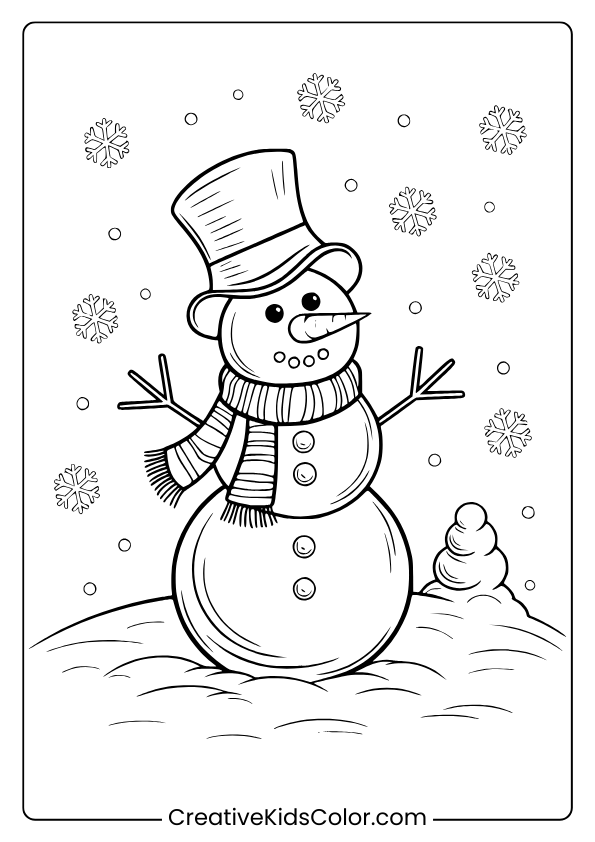 Snowman Coloring Page Featuring A Snowman With A Top Hat, Striped Scarf, And Snowflakes For Kids To Color.