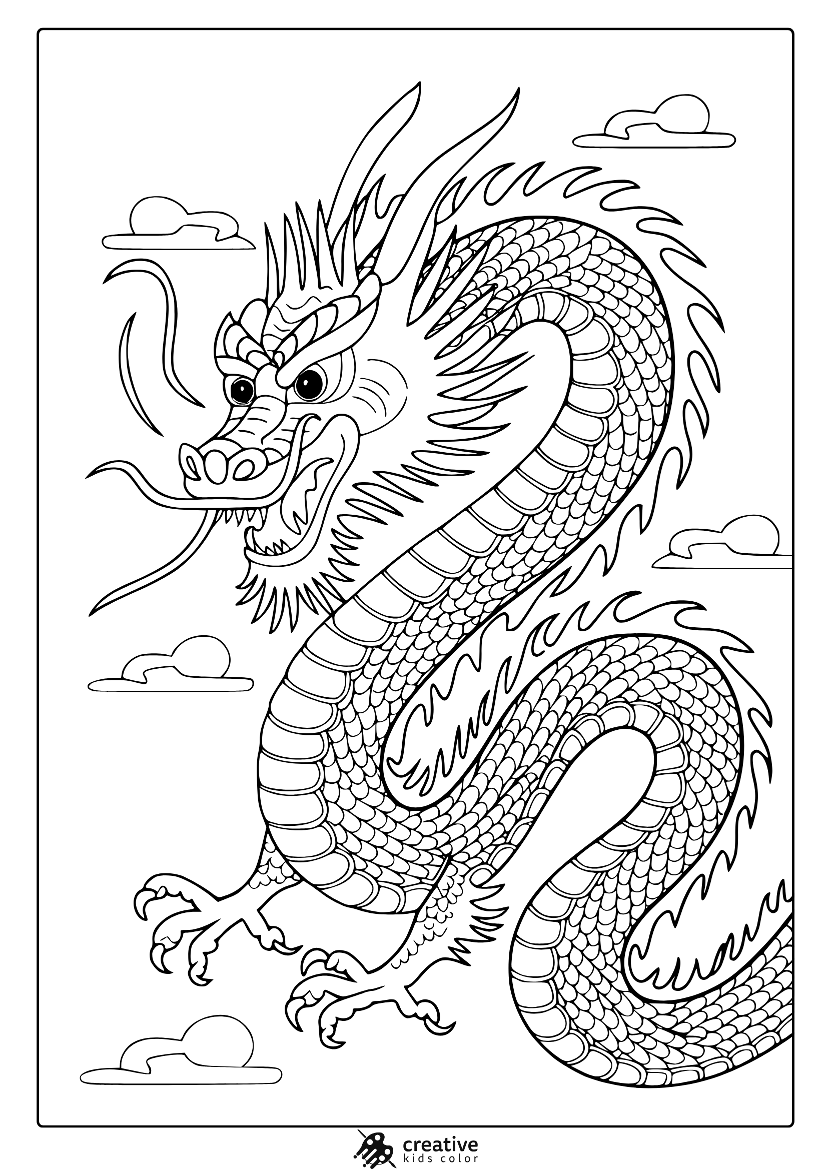 A Chinese Year Of The Dragon Coloring Page Featuring A Detailed, Serpentine Dragon With Artistic Patterns And Flowing Tendrils.