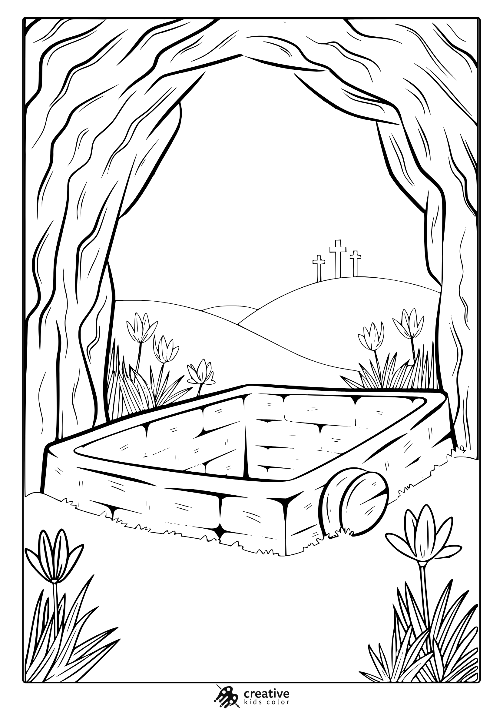 A Christian Easter Sunday Coloring Page Depicting An Empty Tomb, A Stone Arch, And Three Crosses In A Serene Setting.