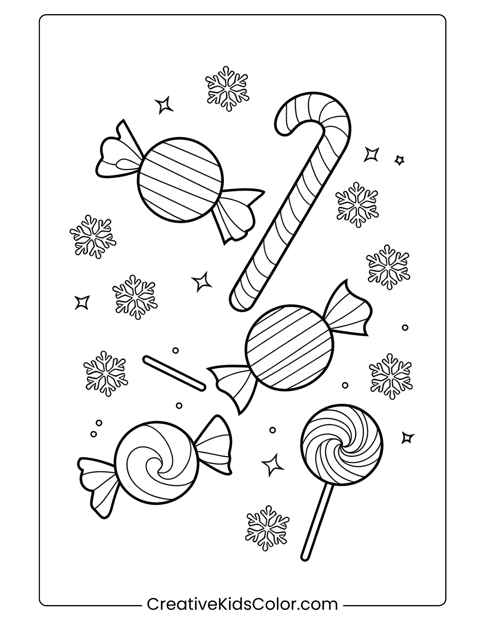 A Christmas Candy Cane With Red And White Stripes, Wrapped Candies, And Snowflakes In A Festive Coloring Page.