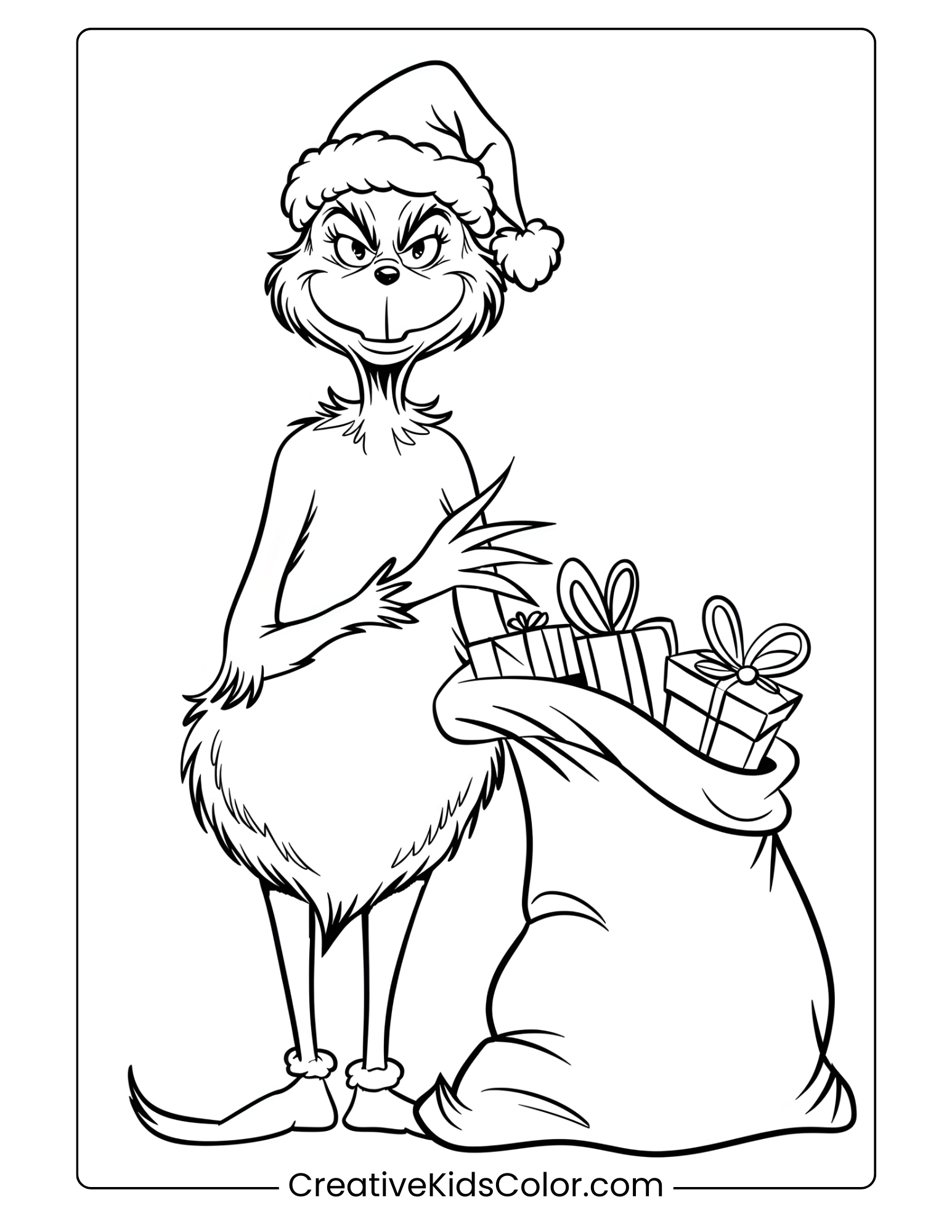 The Grinch With A Gift Sack, Ready To Steal Christmas, In A Fun Holiday-Themed Coloring Page.
