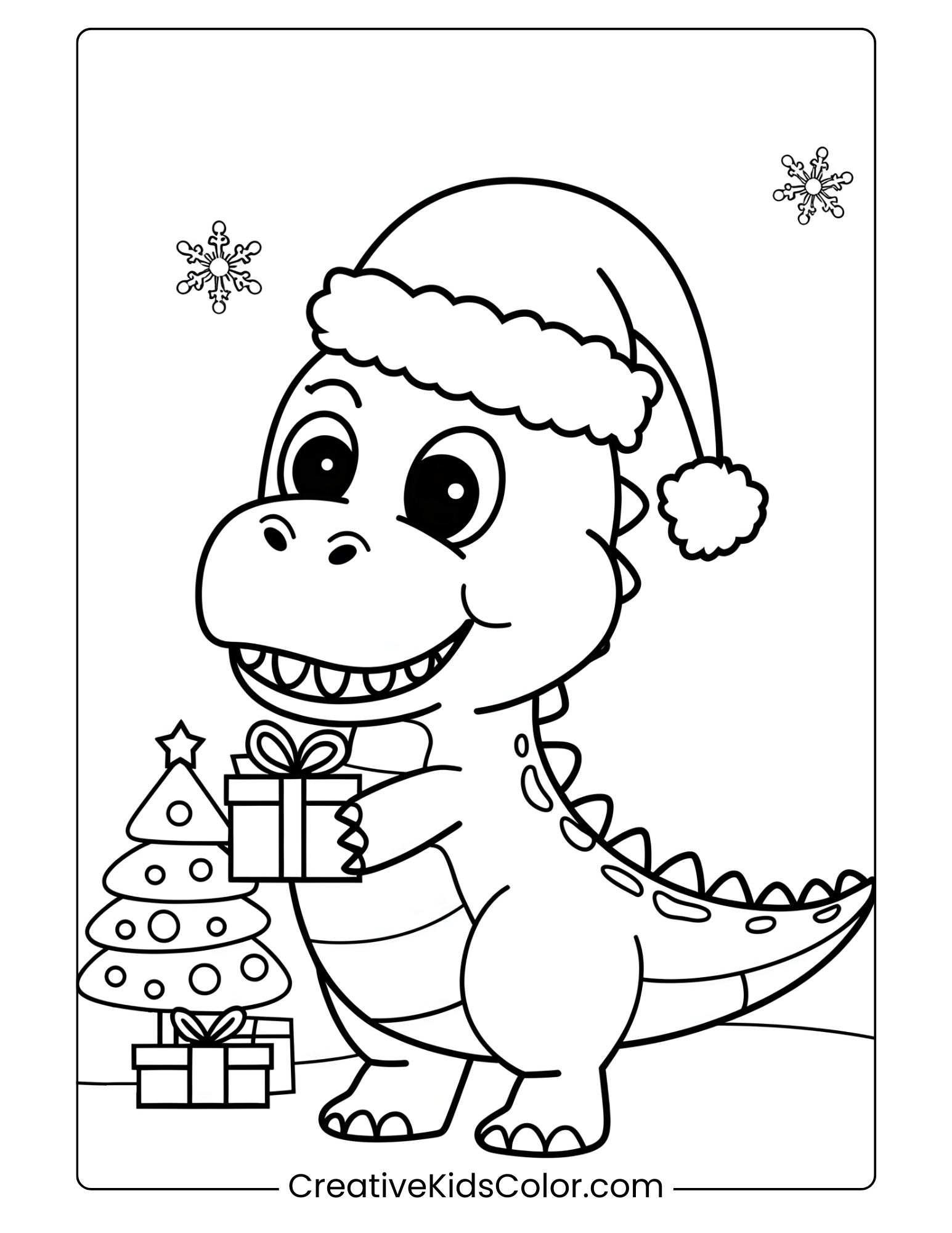 Cute Dinosaur In A Santa Hat Holding A Gift, Celebrating Christmas In This Fun Holiday Coloring Page.