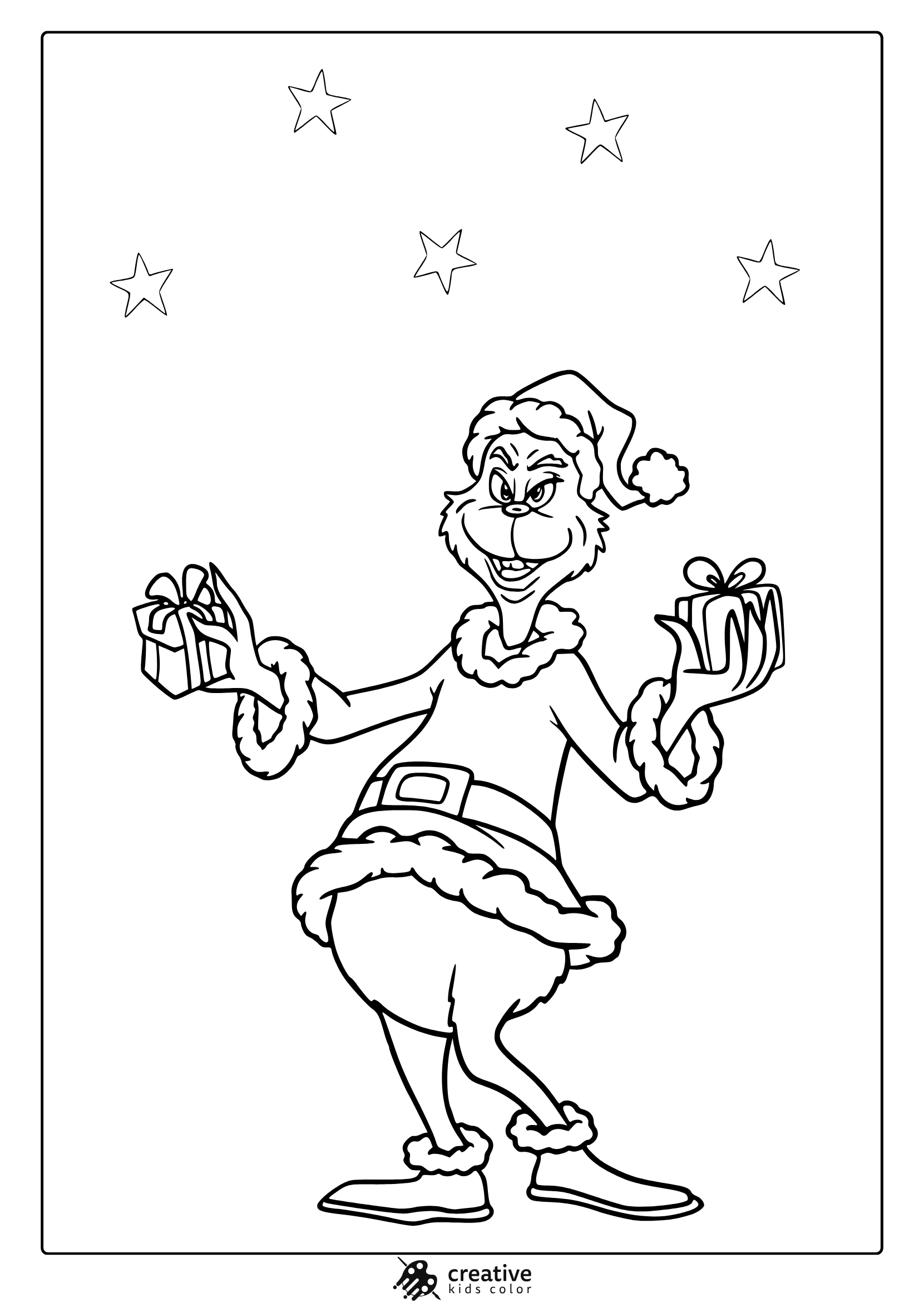 Grinch colored page with Outfit, Santa Gifts, and Stars on the back.
