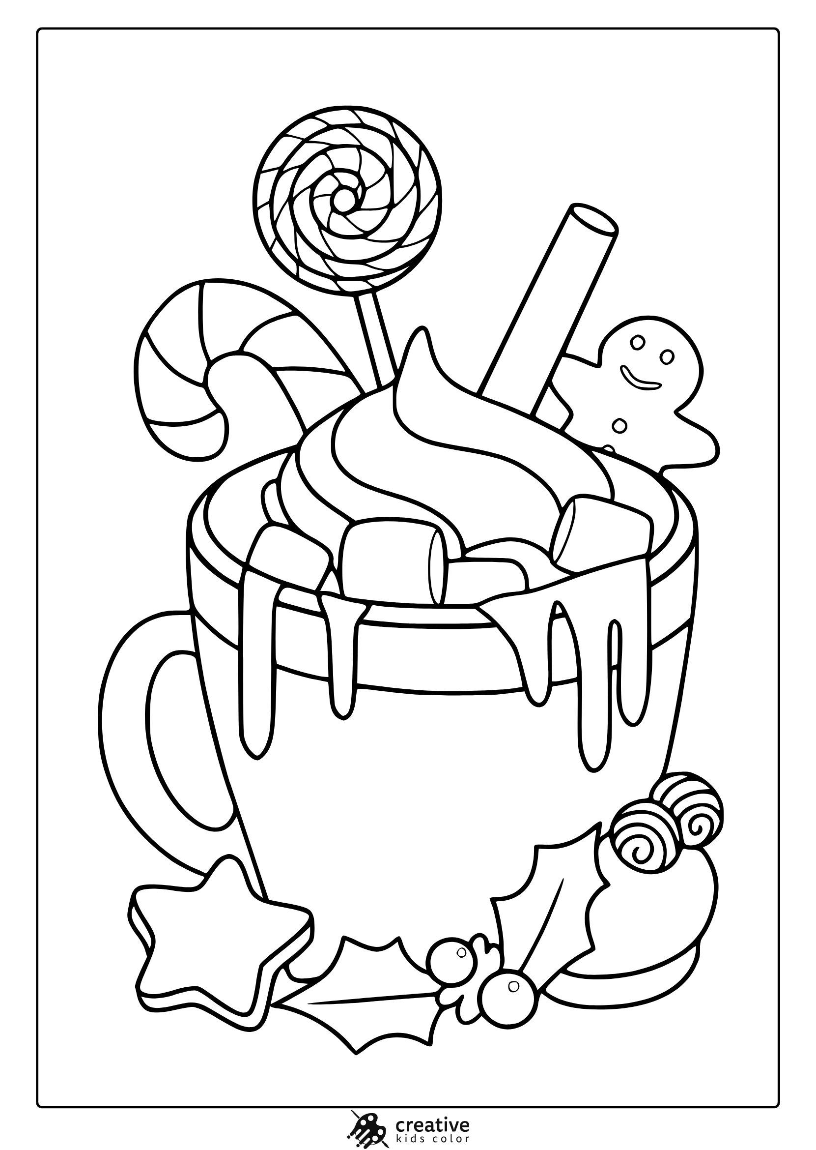 Page color cycling chocolate chocolate with white cream, Candy Can, and Gingerbread man.