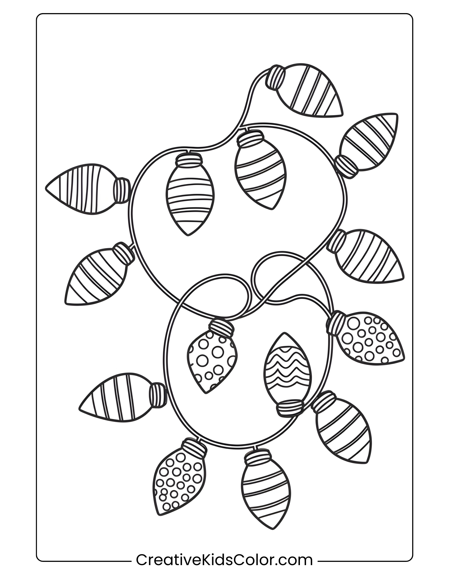 A String Of Christmas Lights With Intricate Patterns Like Stripes And Dots In A Minimalist Black And White Coloring Page.