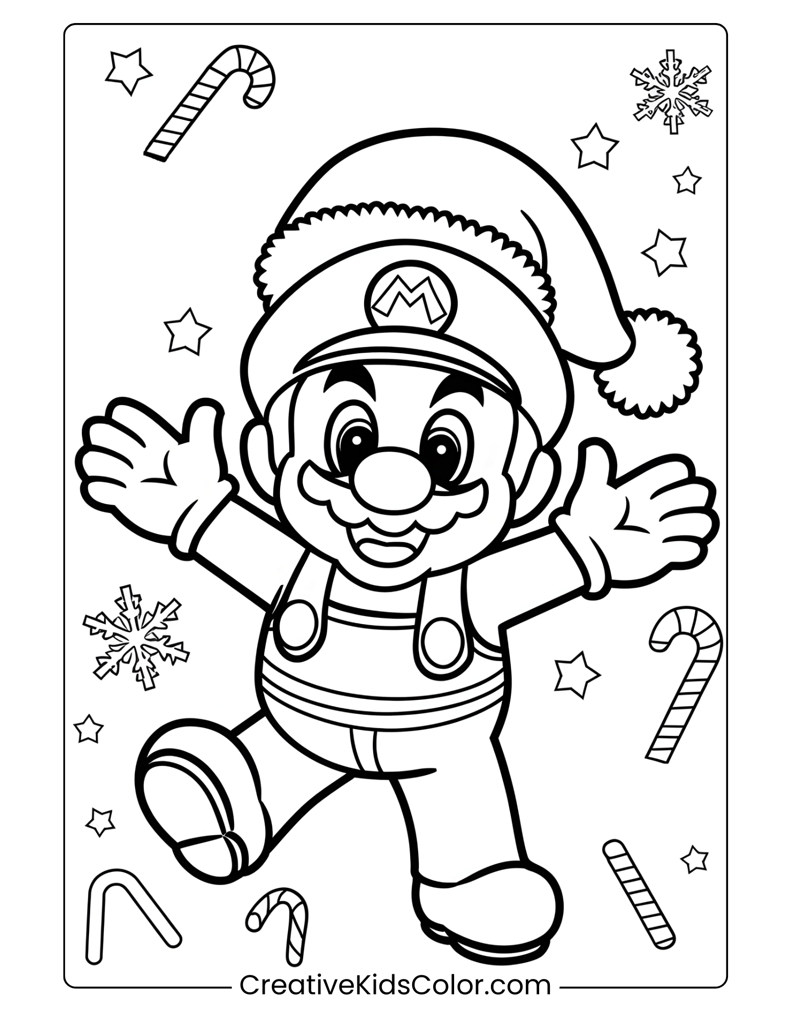 Mario Wearing A Santa Hat, Ready For A Joyful Holiday Adventure In This Christmas-Themed Coloring Page.