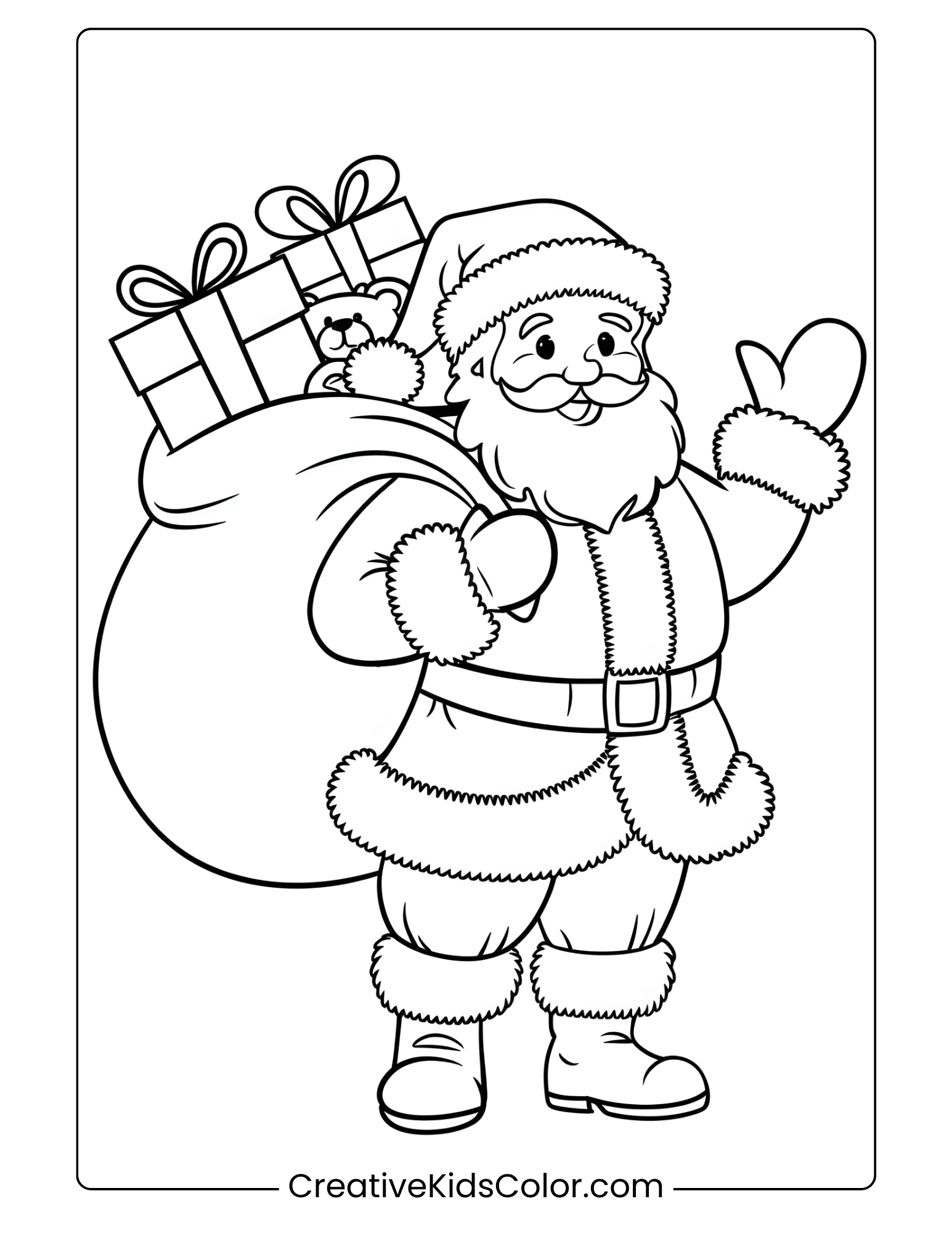 Santa Claus with gifts and waving in this festive Christmas coloring page for kids, spreading holiday cheer.