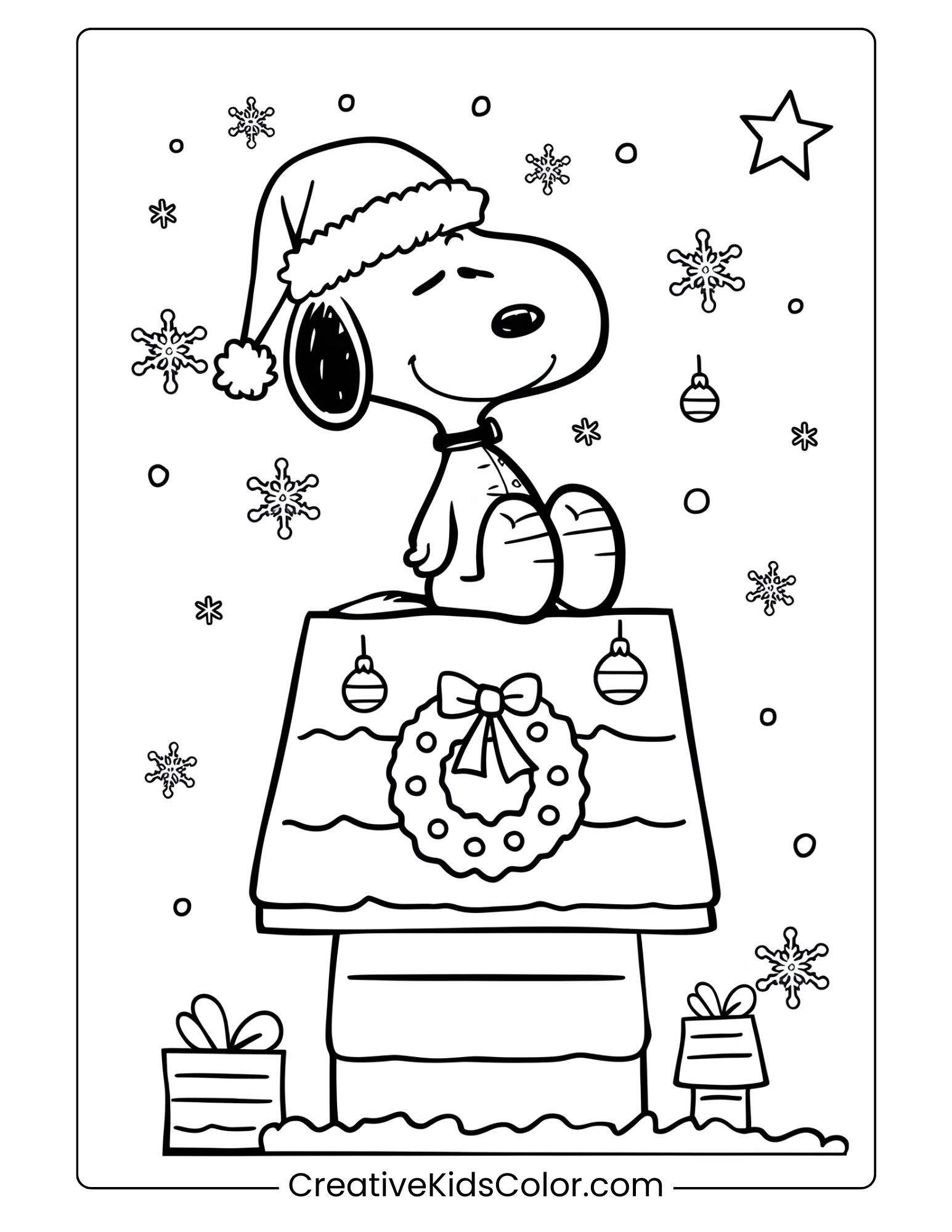 Snoopy On His Doghouse Wearing A Santa Hat, Surrounded By Snowflakes, A Wreath, And A Gift In A Christmas Coloring Page.