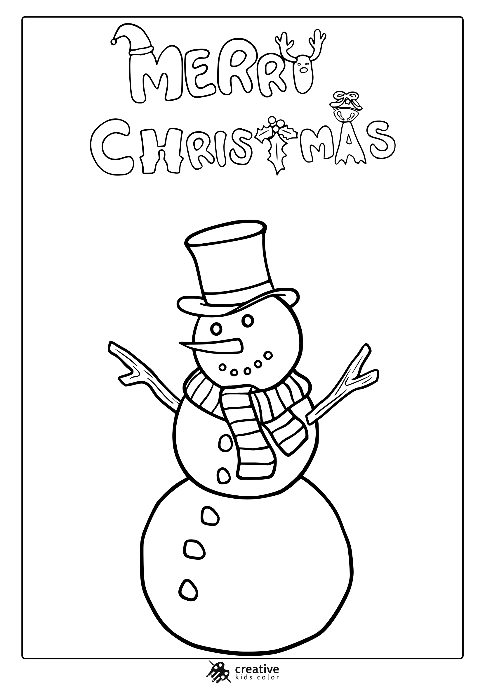 Snowman Christmas page, colored page with Scarf Striped, top came, and the text of Christmas Christmas.