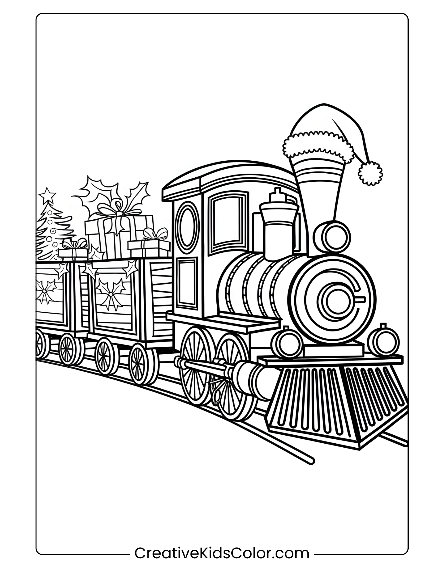 Festive Christmas Train Carrying Gifts And Decorations, Steaming Along Tracks In This Holiday Coloring Page.
