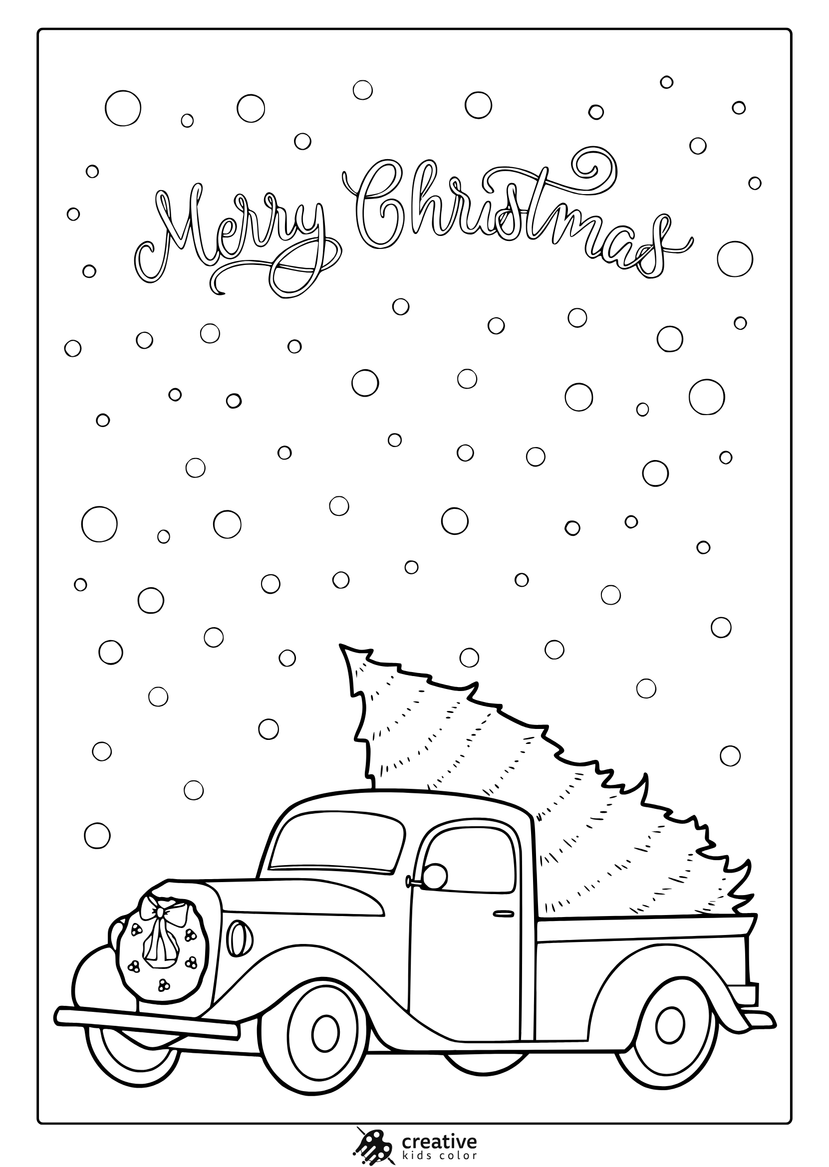 Color colored page with snowballs, WREATH, and Merry Christmas text.