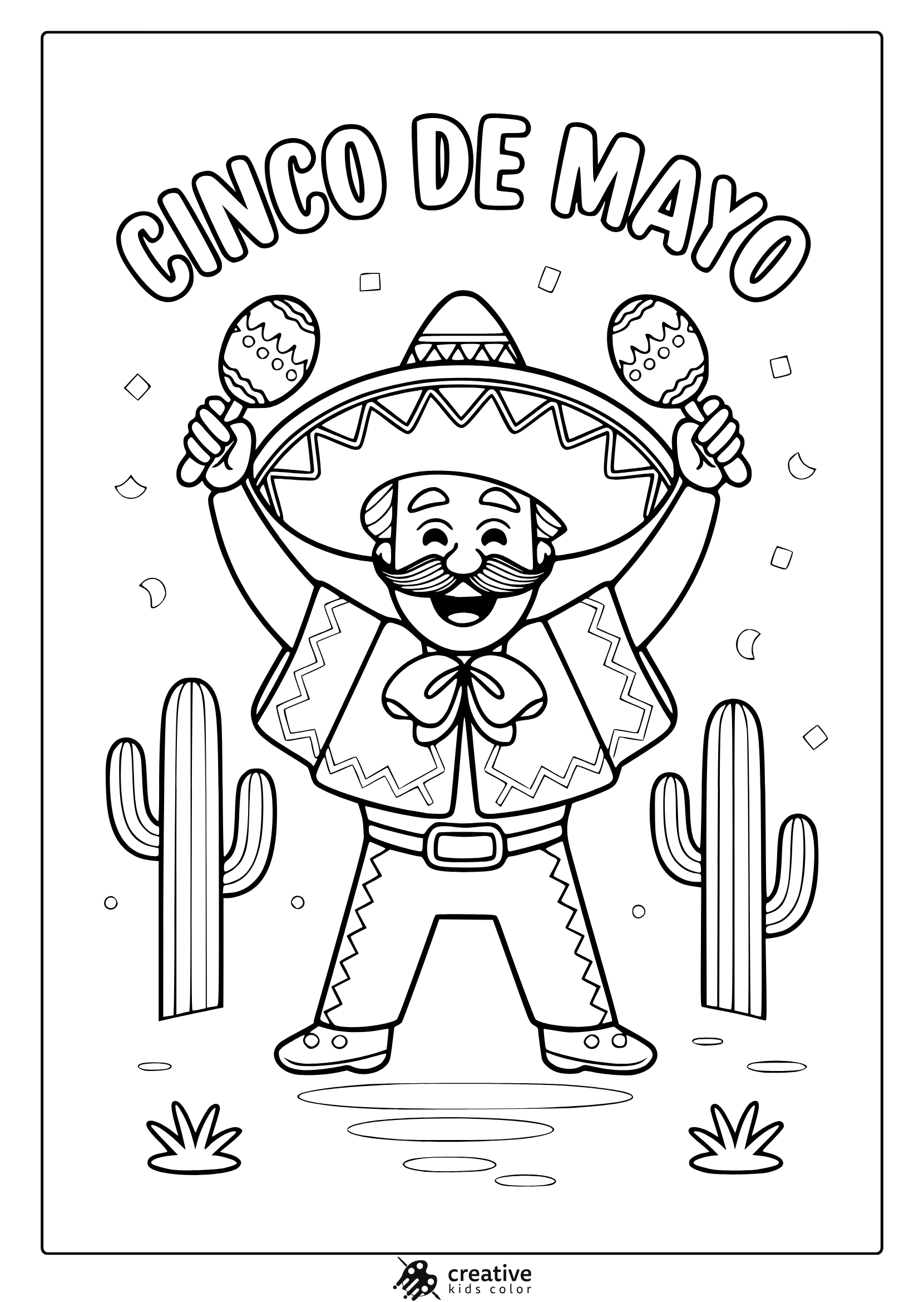 A Cinco De Mayo Coloring Page With A Man In A Sombrero And Poncho, Holding Maracas In A Desert Landscape With Cacti.