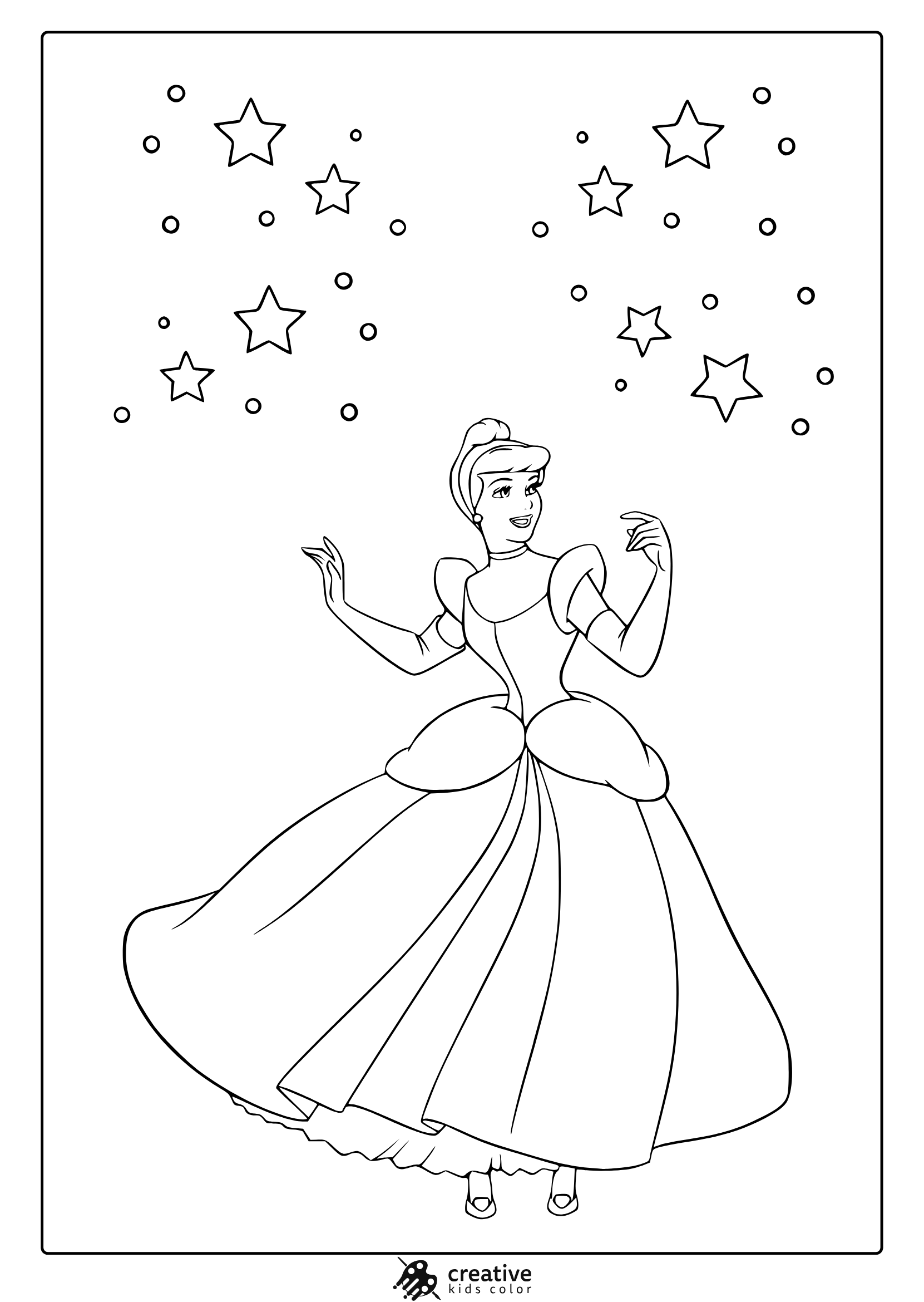 Coloring Page Of Cinderella Dancing In A Ball Gown With Stars Above And Flowing Dress Details.