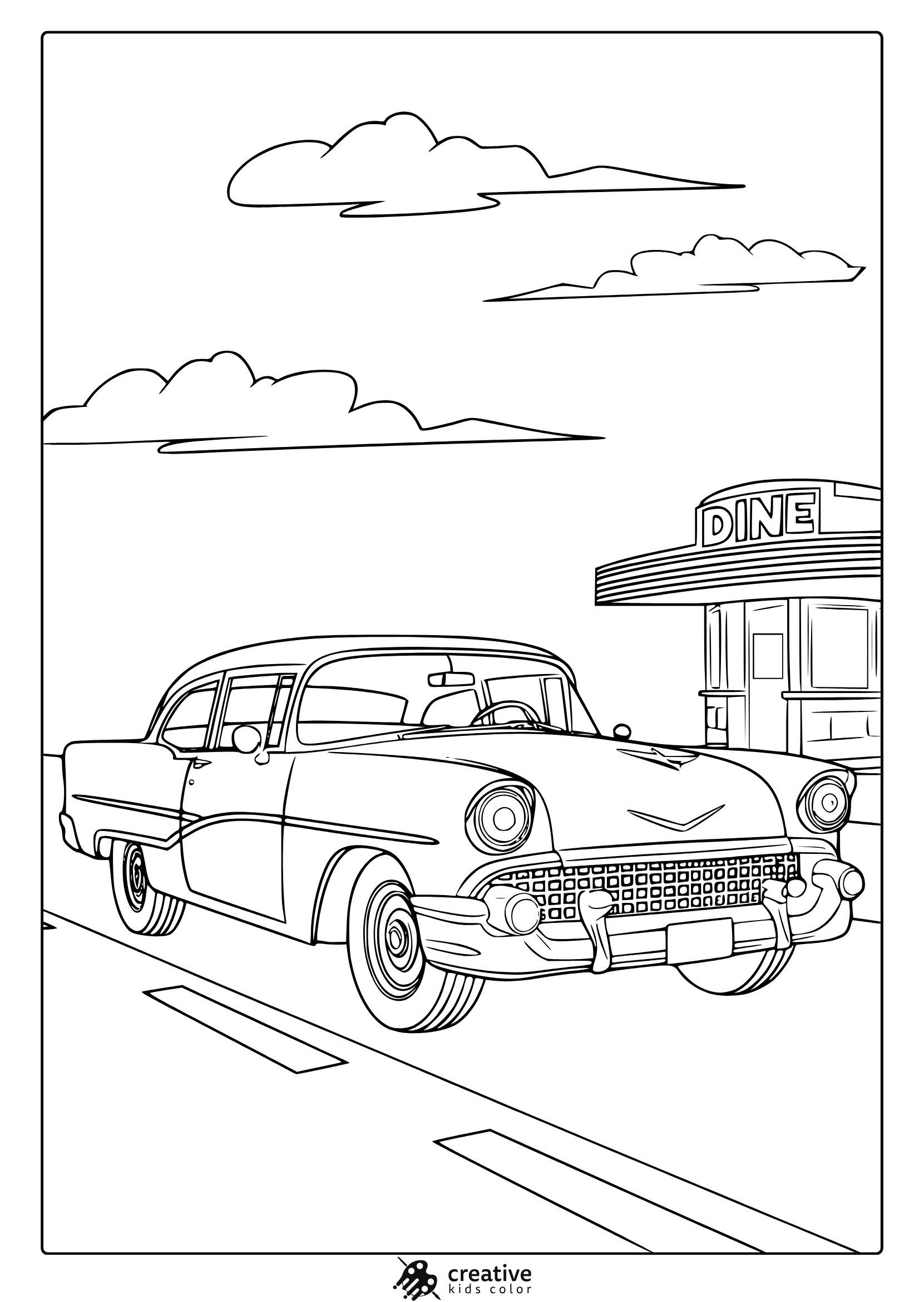 A Classic Car In Front Of A Retro Diner, A Charming Vintage Car Coloring Page.