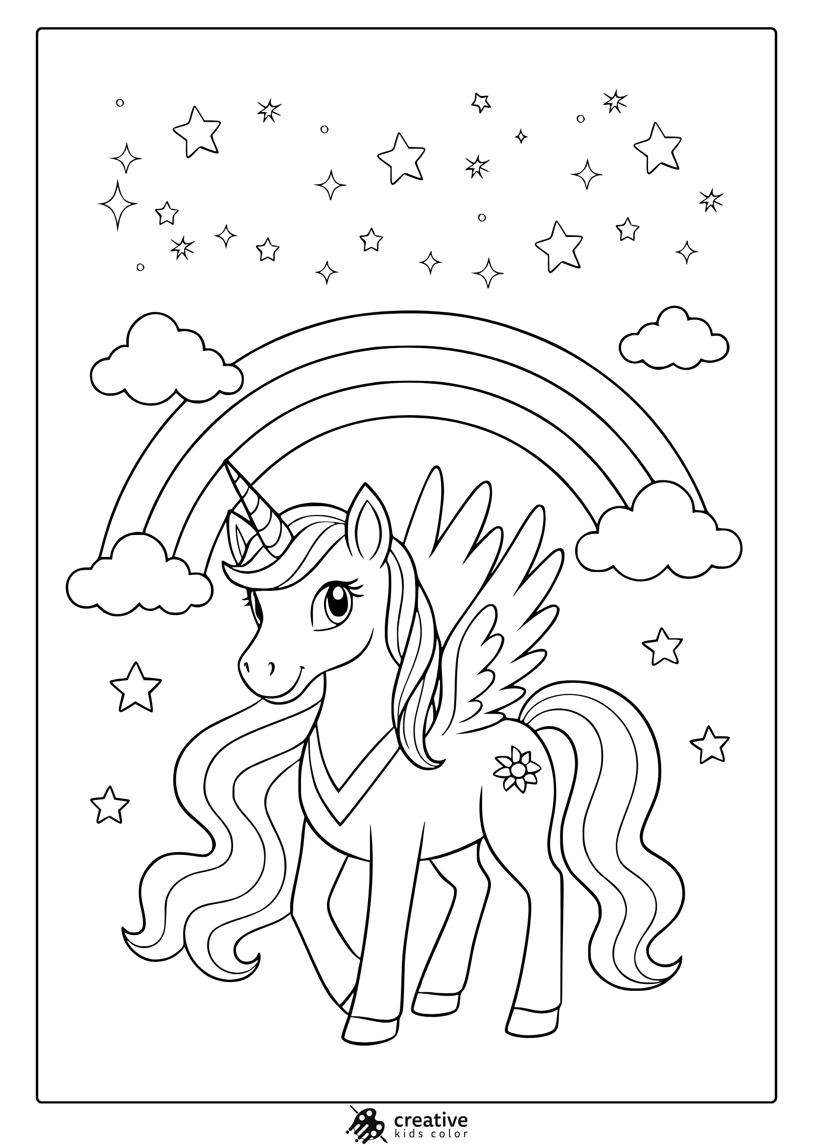 Classic Unicorn With Wings And Flower Symbol Under Rainbow And Stars In A Magical Coloring Page.