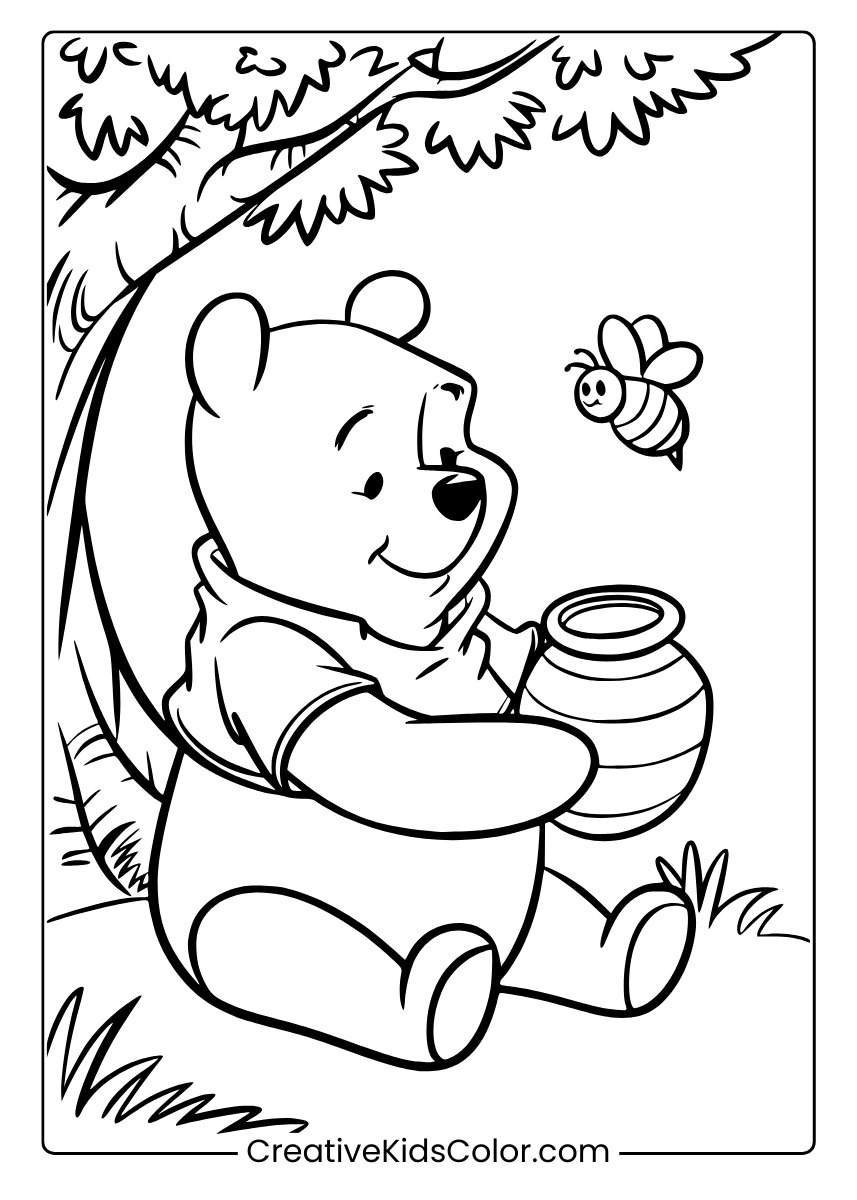 Serene Winnie The Pooh Coloring Page With A Honey Pot Under A Tree.