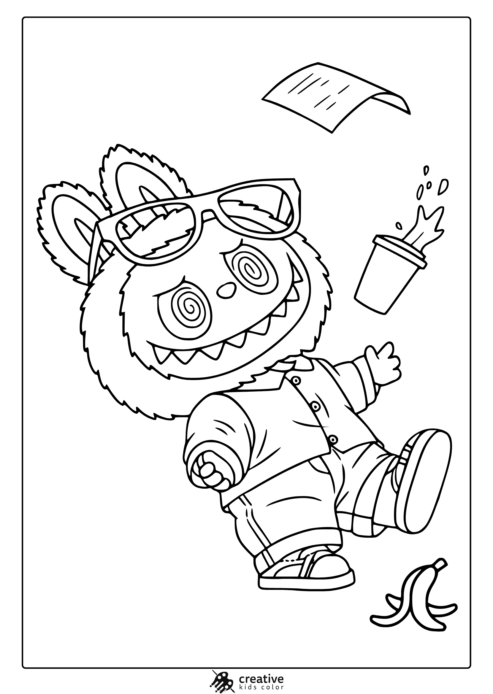 Labubu Tripping Over A Banana Peel With Energetic Details In This Fun-Filled Coloring Page.