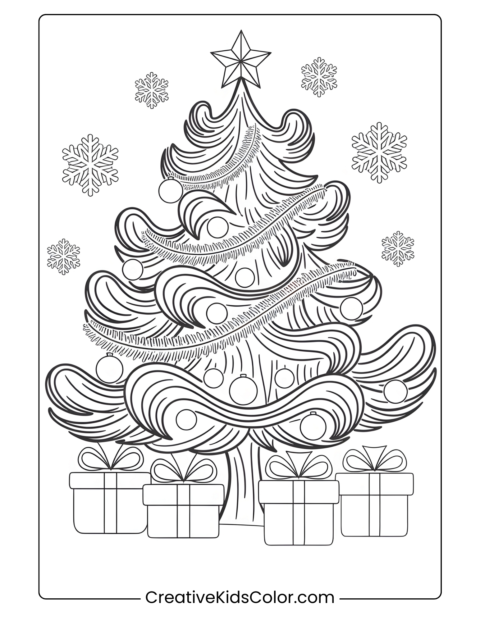 A Detailed Christmas Tree Surrounded By Snowflakes And Gifts In A Festive Holiday Coloring Page.