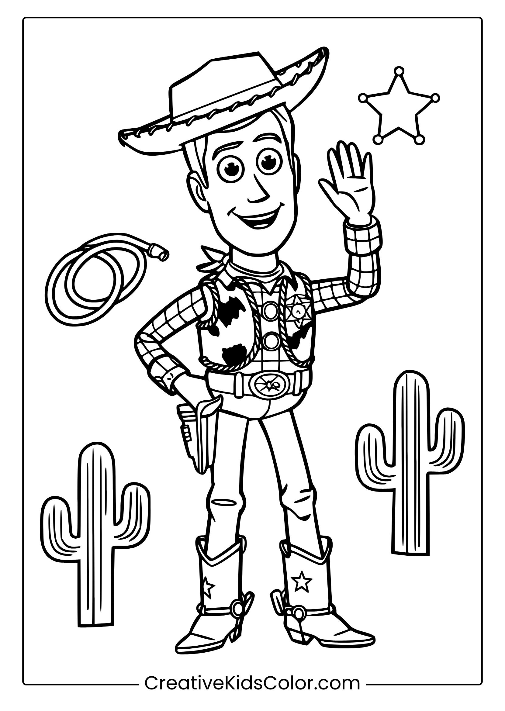 A Toy Story Woody Coloring Page Showing The Cowboy Waving With Cacti, A Lasso, And A Star Badge In A Western-Themed Setting.