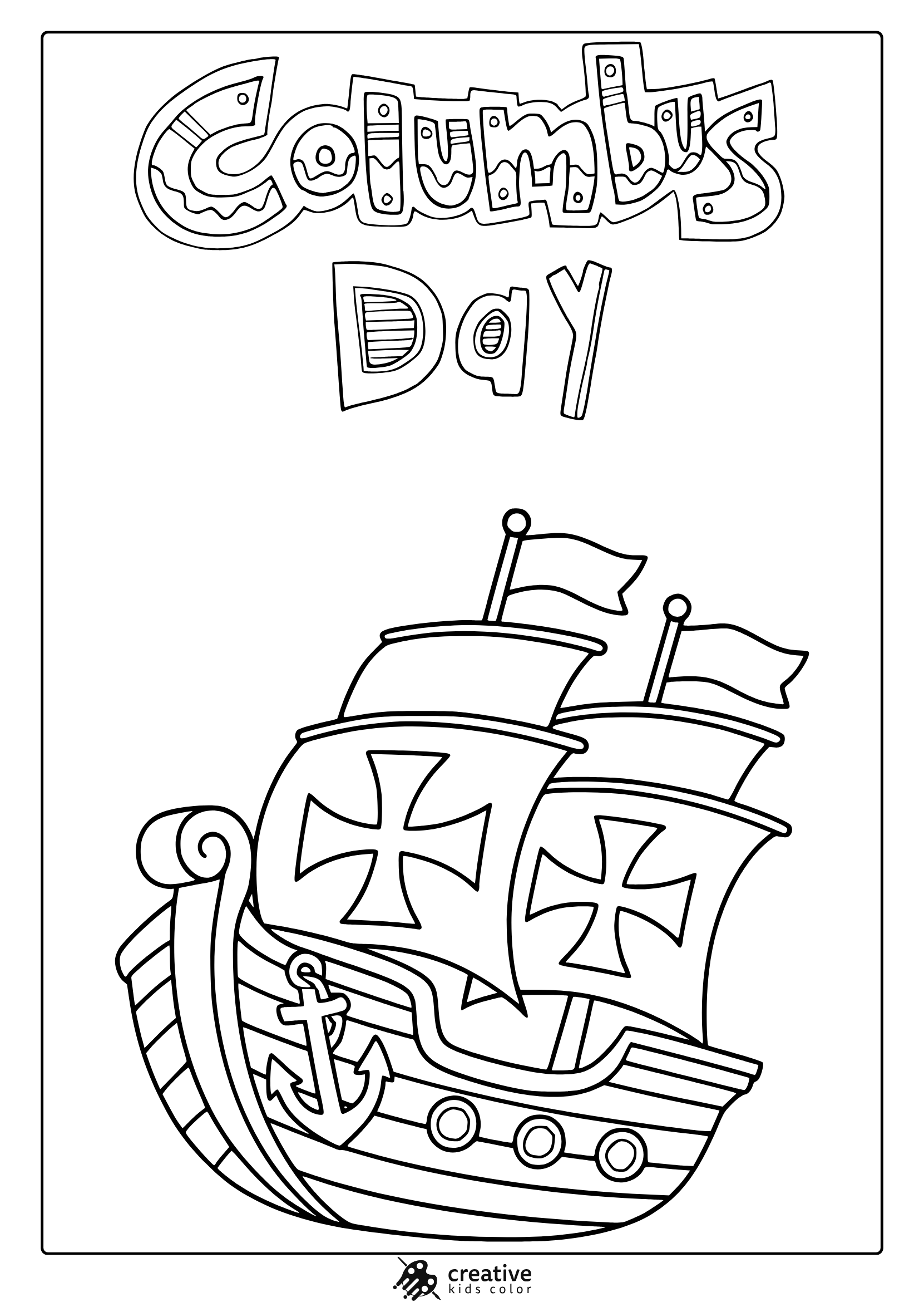 Columbus Day Ship Coloring Page With Caravel, Sails, And Anchor.