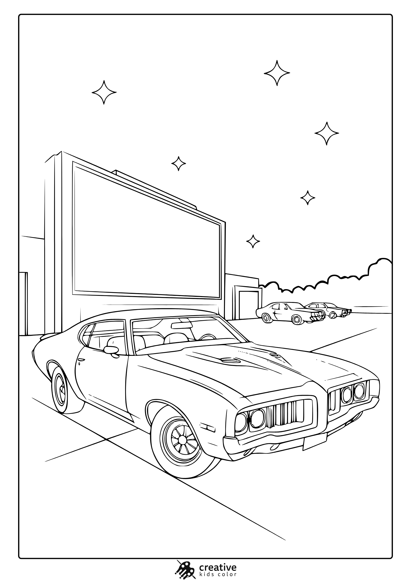 A Vintage Muscle Car At A Drive-In Theater, Perfect For A Cool Car Coloring Page.