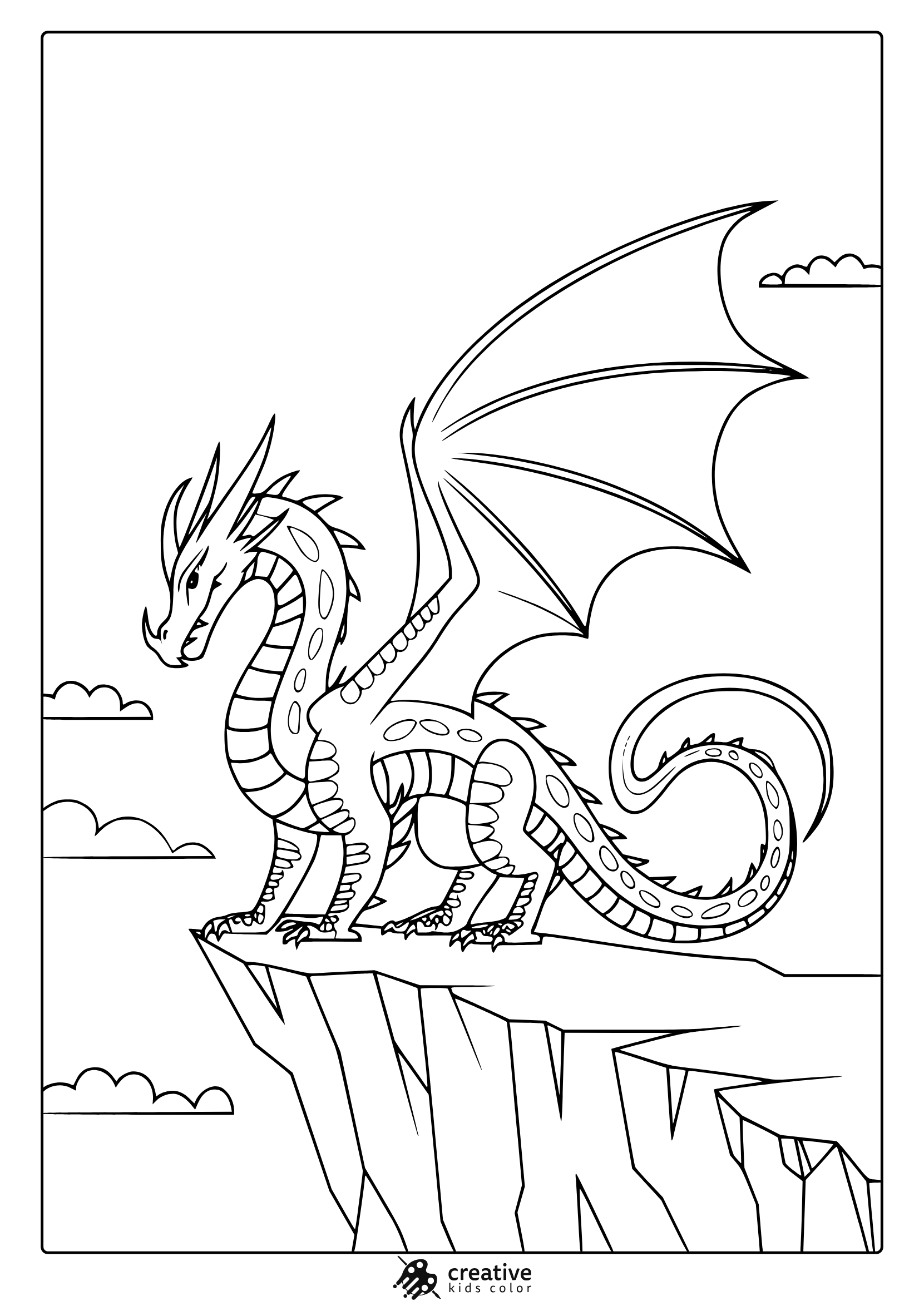 A Cool Dragon Coloring Page With A Fierce Dragon Perched High On A Cliff, Showcasing Its Wings And Long Tail.