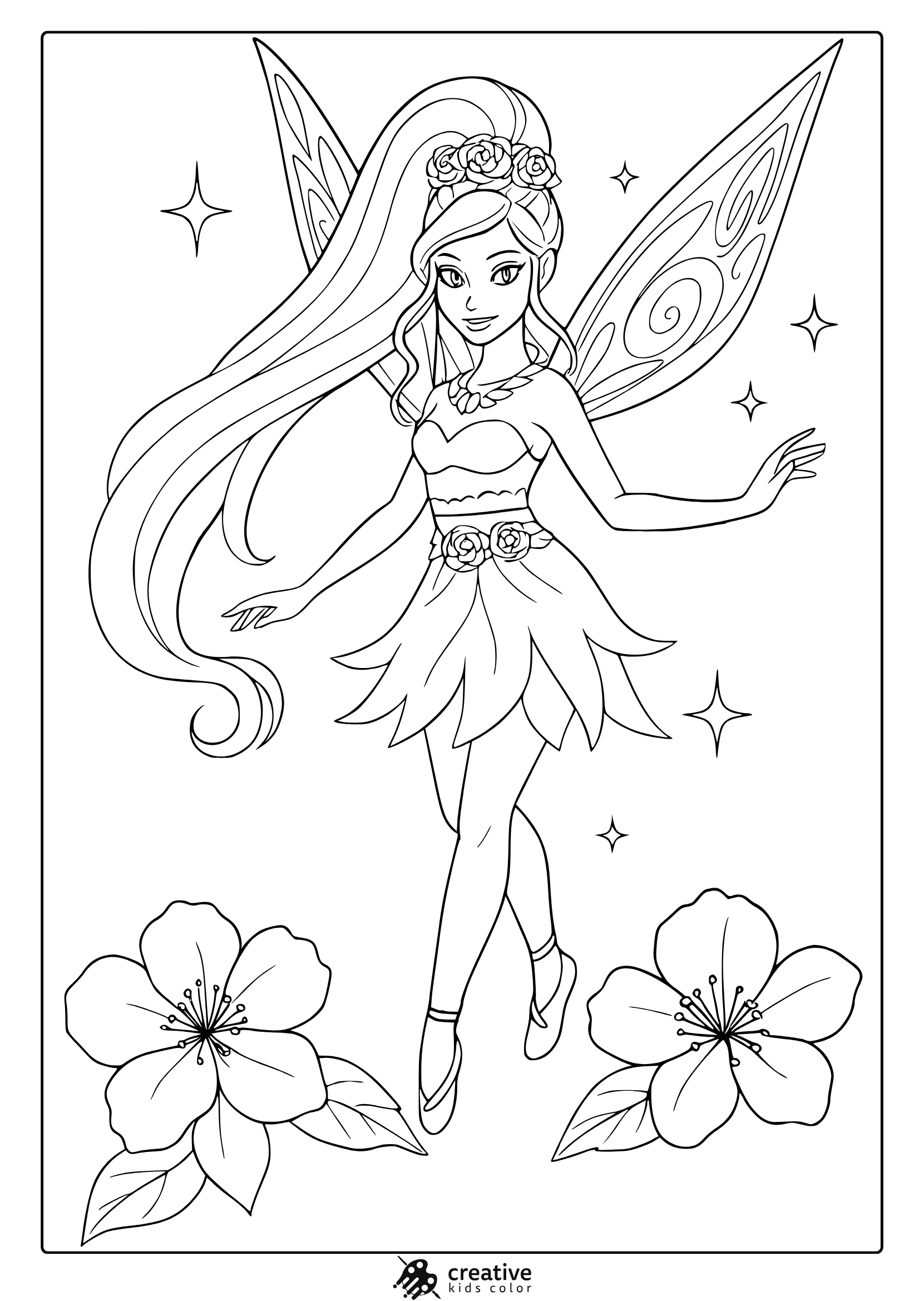Cool Fairy Coloring Page With Rose Crown, Layered Dress, And Stars.